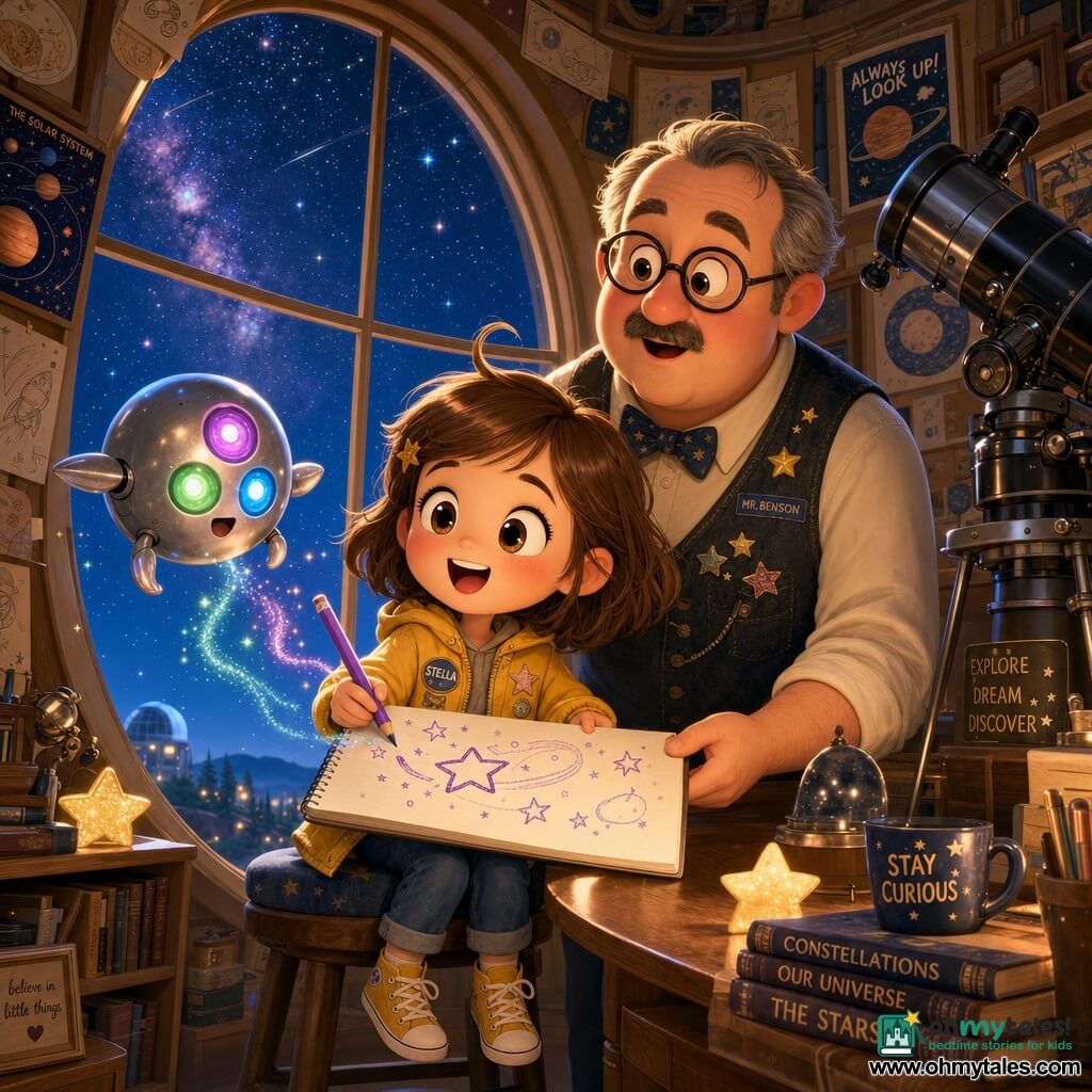 A smiling, wide-eyed 6-year-old girl, Stella, with short brown hair and a stray lock, wearing a yellow jacket and sneakers, sits on a stool by a rounded-window holding a large white sketchbook and a purple pencil; behind a wooden table to the right stands Mr. Benson, about 50, round-faced with thick glasses and a vest with star patches, looking surprised and protective with his hand on the sketchbook's corner; a small silver orb-shaped alien with three glowing eyes (blue, green, pink), tiny silver wings/arms and a friendly expression floats before the window with its hatch open and colorful sparkles around it; the cozy observatory interior has planet posters and a large black-and-silver telescope aimed skyward with warm light and star reflections; main scene: the girl and alien gaze at each other and draw together—purple pencil on the sketchbook with star drawings, the alien emitting small light trails, tender curious atmosphere centered on the window and telescope.