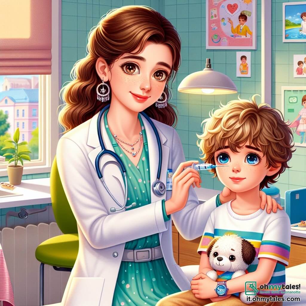 In uno studio medico accogliente, una giovane dottoressa, Sofia, è al centro dell'immagine. Ha capelli castani ondulati, occhi pieni di compassione e indossa uno stetoscopio attorno al collo. La sua espressione è dolce e rassicurante mentre esamina un giovane ragazzo, Luca, sdraiato su un lettino, con un atteggiamento attento e protettivo. Luca, un bambino di sette anni, ha capelli biondi arruffati e occhi blu pieni di preoccupazione. È seduto sul lettino, indossando una maglietta colorata, e guarda Sofia con speranza, tenendo un peluche per confortarsi. Lo studio medico è decorato con colori pastello rilassanti, con poster educativi sui muri, giocattoli per bambini in un angolo e una luce soffusa che filtra dalle finestre. Una pianta verde aggiunge un tocco di vita all'ambiente. La scena principale mostra Sofia mentre somministra un trattamento a Luca, che ha avuto un malore. Sofia, con uno sguardo concentrato, utilizza una siringa di adrenalina per stabilizzare le condizioni di Luca, mentre il ragazzo, sebbene nervoso, inizia a sentirsi meglio grazie al suo intervento.
