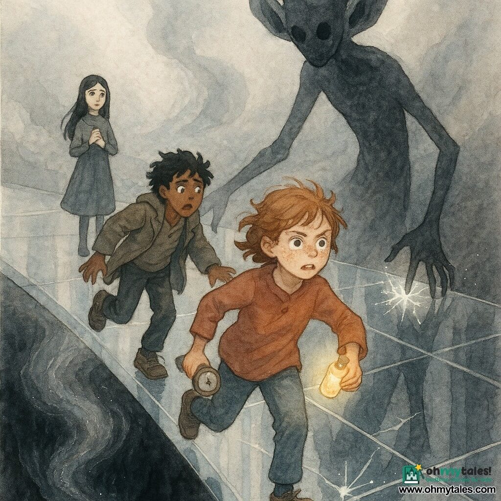 Mara, 12, round face with freckles and messy light brown hair, determined but anxious, clutches a small glowing vial and a cracked compass while running straight ahead on a glossy glass bridge; Jonah, ~12, messy black hair, panicked but brave, stumbling behind her and looking over his shoulder, wearing an oversized jacket; Lark, ~12, pale with straight black hair and light gray eyes, stands a few paces at the bridge's edge, calm and sad, holding an empty vial to her chest; the Listener, a tall, shadowy creature with elongated, distorted limbs and hollow ears like crumpled shadow, trails them on the bridge, its hand skimming the reflective surface and causing luminous cracks as mirror shards fall into a black chasm below; setting: a transparent, mirror-like bridge suspended above a void emitting a whirl of silver dust, cold gray-silver-blue tones; main tension: dramatic pursuit with emphasis on reflections, the warm glow of the vial, and the swirling silver dust.