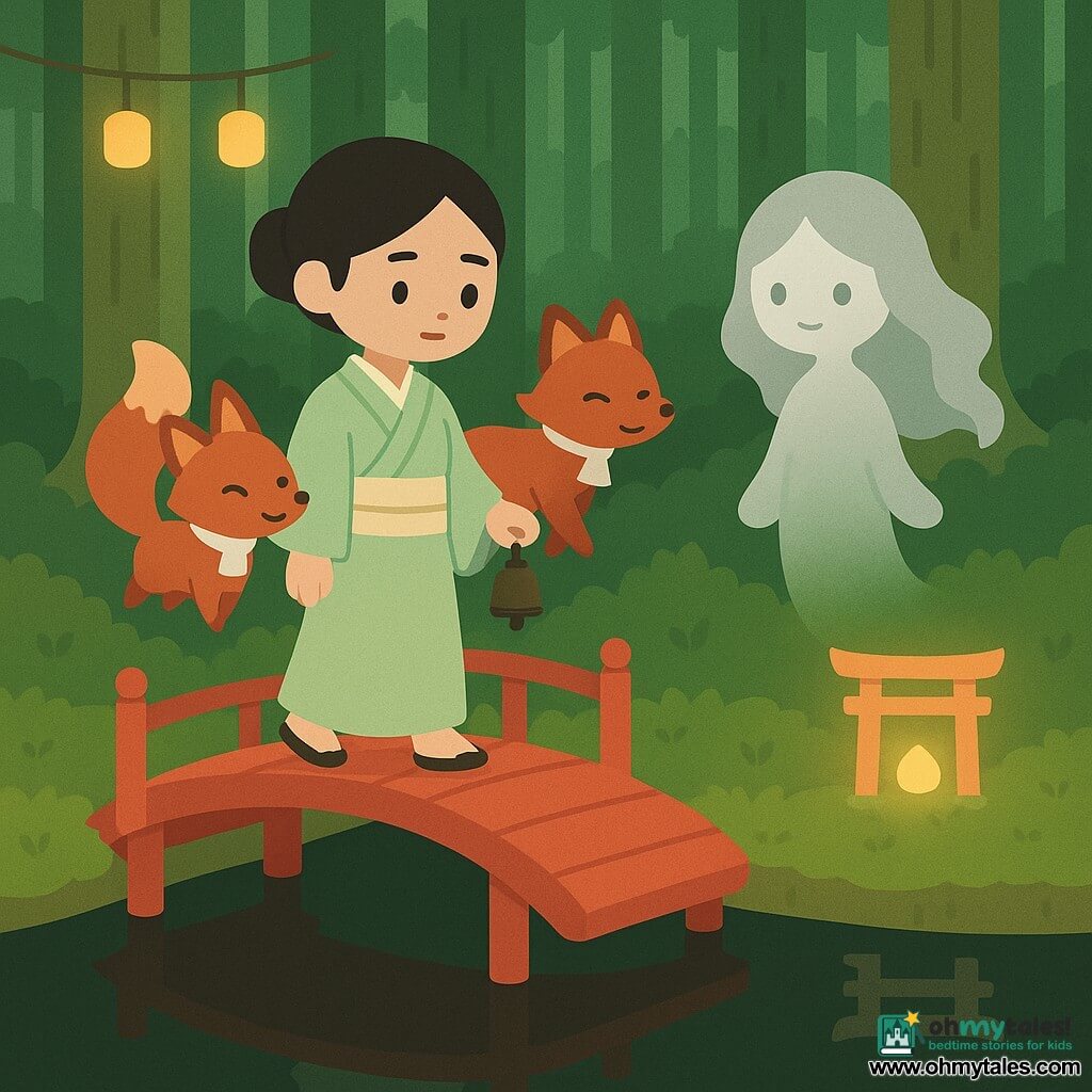 Main woman: Miyako, ~30, calm determined expression, soft eyes and slightly furrowed brows, wearing a tea-green kimono with a cream obi, walking slowly on a lacquered red bridge holding a small bronze bell in her right hand; secondary: a silky red fox with a bushy tail and mischievous but kind eyes, wearing a small white paper strip around its neck, floating beside the bridge as if guiding Miyako; secondary: Kotoha, a spirit as a fluid silhouette in a pale gray robe with silver floating hair and a serene, feature-soft face, standing at the end of the bridge near a small glowing torii; setting: cedar forest clearing with tall straight trunks and thick moss, green filtered light, a black ink-like river reflecting the red bridge and small paper lanterns suspended above; mood: peaceful and mysterious, strong contrast between the bright red bridge and dark water with golden lantern highlights, centered composition, minimalist graphic style with flat colors and soft outlines.