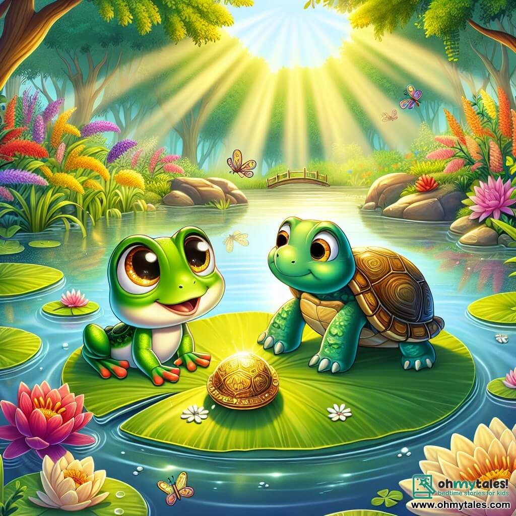 A little frog named Freddie, with shiny green skin and sparkling curious eyes, stands on a large lily pad in the center of a shimmering pond, a look of wonder on his face. Next to him, Tilly, a turtle with a colorful shell and gentle eyes, leans forward, looking enthusiastic as she enjoys a lily pad leaf. In the background, vibrant flowers and dragonflies dance around them, while rays of sunlight filter through the majestic trees surrounding the area. The scene captures the moment when Freddie discovers a mysterious golden object at the bottom of the pond, ready to embark on a great adventure.