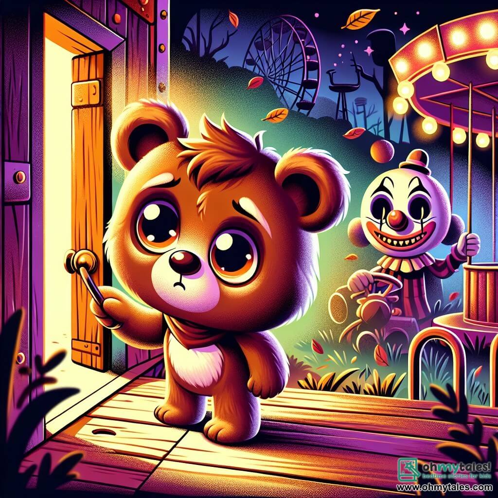 A brown bear with round, shiny eyes named Bram stands in front of an old wooden door, his face marked by curiosity and slight fear. He has soft, tousled fur, and his paws tremble slightly as he lifts the trapdoor. Nearby, a blurry shadow of a sad clown with a painted white face and a distorted smile watches Bram, its empty eyes reflecting a haunting melancholy. The setting is an abandoned fairground, with rusty rides, turned-off lights, and dead leaves swirling in the cool night air. The scene captures the moment when Bram hesitates to descend into the darkness, drawn by a mysterious melody floating around him, creating an atmosphere that is both magical and frightening.