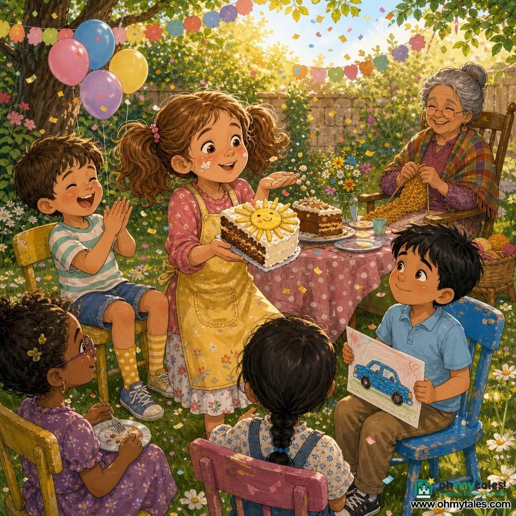An 8-year-old girl with light brown pigtails, flour on her cheeks and a yellow apron holds a large slice of cake topped with a sugar sun and blows the last crumbs, smiling with bright eyes; to her left a laughing ~5-year-old little brother with short brown hair and mismatched yellow socks claps his hands, a gray-haired grandmother in a plaid shawl sits knitting and smiling in the background to the right, and a shy but happy newly arrived 7-year-old boy named Arman with black hair and a light blue polo sits up front holding a drawing of a car; they celebrate outdoors in a sunny garden of green grass and daisies with colorful paper garlands, pastel balloons and golden confetti over a rustic wooden table with a pink polka-dot cloth and mismatched chairs, as late-afternoon light creates a warm, joyful birthday atmosphere.