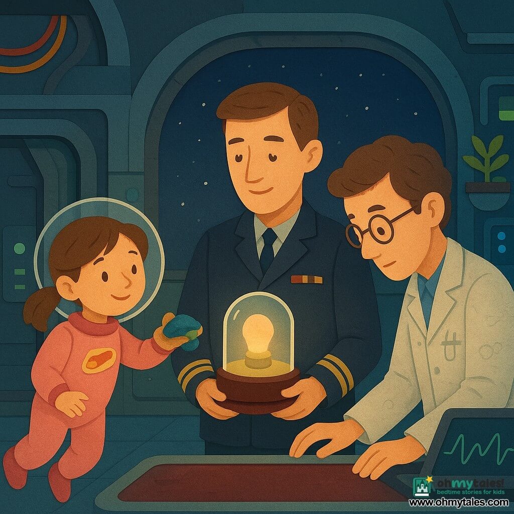 A soft-featured male commander with short chestnut hair and a dark blue captain’s jacket with simple medals holds a glowing glass box on a velvet tray to his chest; an about-eight-year-old girl with two pigtails and a comet sticker on her pink spacesuit floats to his left smiling, offering a smooth stone wrapped in colorful cloth; a roughly 40-year-old scientist with round glasses and a light smock marked with schematic sketches leans at right over a screen of glowing curves watching the box; the Meridian Gate hangar interior shows curved metal doors, colorful cables, green and blue light panels, docking modules, glass accents and floating potted plants with a starry background visible through large windows; mood: a tender but serious transfer with soft light from the box, quiet careful atmosphere, warm character colors against the cool blue hangar; visual style: crisp cut shapes, layered paper textures, soft paper shadows, bright contrasting colors and fine black outlines.