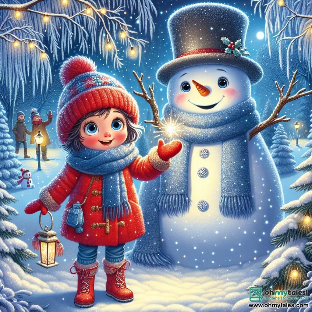 Clara, an 11-year-old girl, stands center stage, her eyes shining with excitement and curiosity. She wears a bright red coat, a blue wool scarf, and matching gloves, her cheeks rosy from the cold. She gazes in awe at a large snowman, Frosty, beside her, smiling with coal eyes and a top hat. Frosty, made of sparkling snow, appears warm and friendly, his branch arms outstretched as if to welcome Clara. The setting is an enchanted forest, where trees are covered in a thick layer of snow, their branches bending under the weight. Snowflakes gently fall from the sky, creating a magical and peaceful atmosphere. In the distance, twinkling lights and shadows of joyful families suggest a winter celebration. The main scene shows Clara and Frosty preparing for a winter festival, with Clara holding a small pouch filled with sparkling snowflakes, ready to share the magic of winter with her friends.