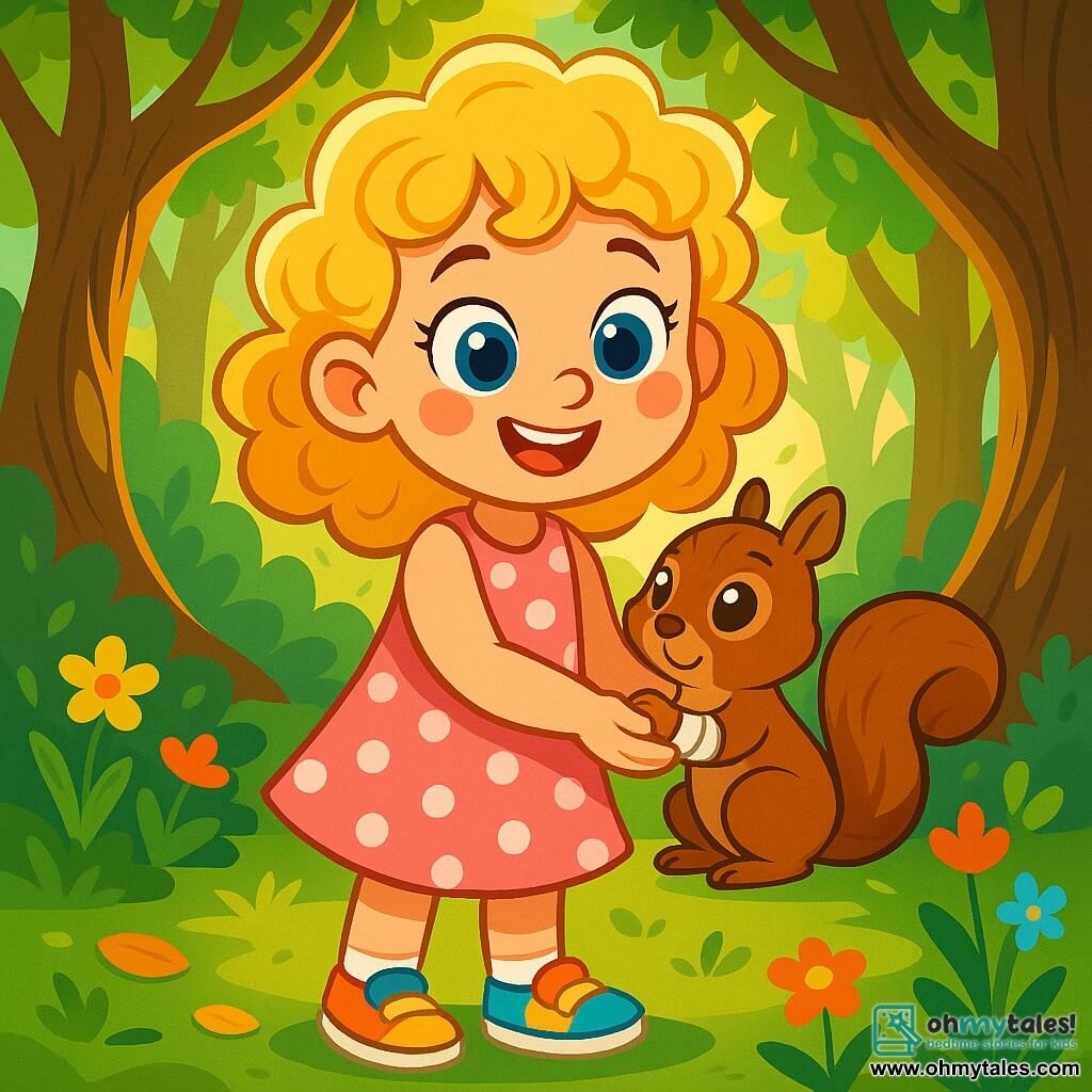 A 6-year-old girl with sparkling blue eyes and curly blonde hair stands at the center of the scene, beaming with excitement and curiosity. She wears a pretty pink dress with white polka dots and colorful sneakers. Beside her, a small squirrel with bright eyes and brown fur, bandaged on one paw, looks at her gratefully, snuggling in her delicate hands. The setting is an enchanted forest, where tall, gnarled trees reach towards the sky, their green leaves filtering the golden sunlight, creating dancing shadows on the ground covered with colorful flowers and leaves. The main situation shows the girl who has just discovered an injured squirrel and is tenderly helping it, illustrating a moment of compassion and courage in nature.