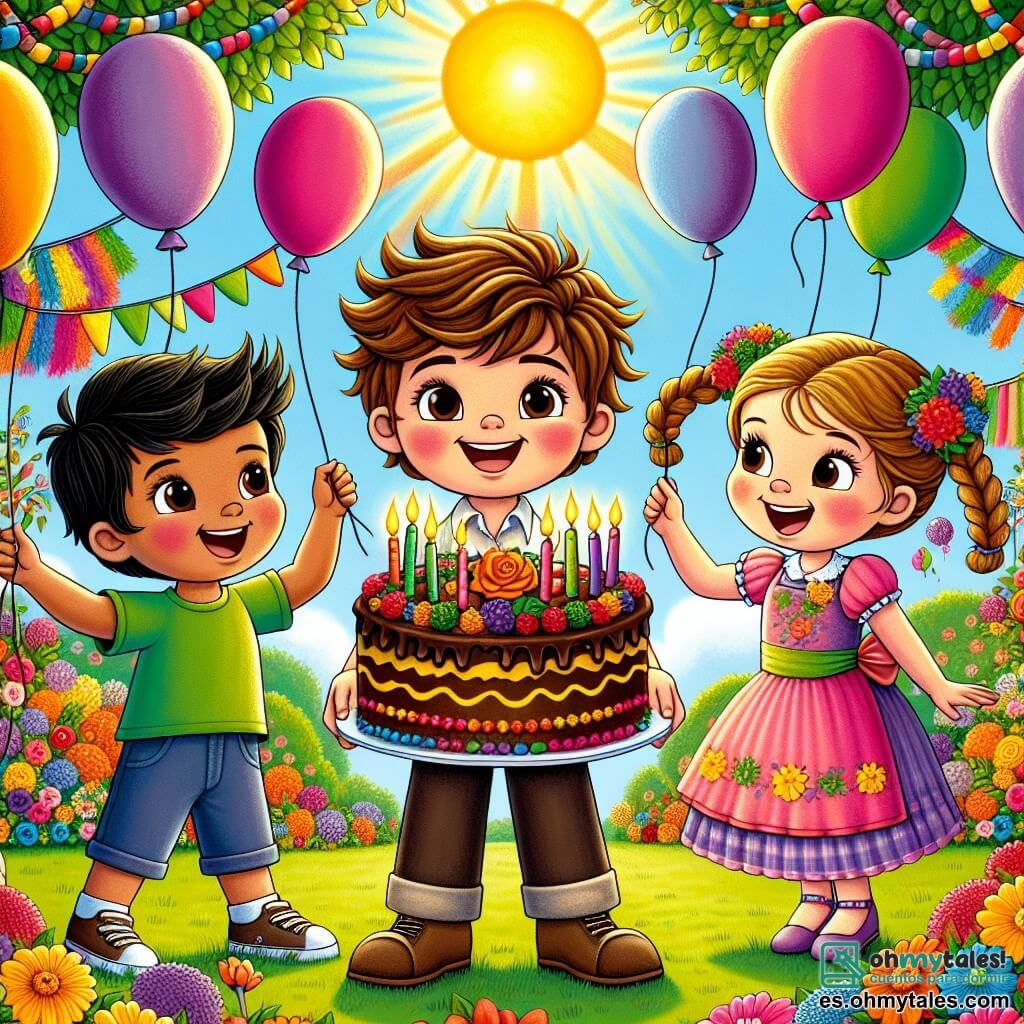 Lucas, un niño de cuatro años con cabello castaño desordenado y una gran sonrisa, está en el centro del jardín, rodeado de globos de colores. A su derecha, Paula, una niña con trenzas rubias y un vestido rosa, sostiene un delicioso pastel de chocolate decorado con velas brillantes. A la izquierda, Tomás, un niño de cabello negro y corto, vestido con una camiseta verde, sostiene una piñata en forma de dragón, listo para golpearla. El jardín está lleno de flores vibrantes y guirnaldas de colores colgadas entre los árboles. El sol brilla en un cielo azul claro, añadiendo un toque de magia a la escena festiva. La situación principal muestra a Lucas, Paula y Tomás celebrando el cumpleaños de Lucas, rodeados de risas y alegría, mientras se preparan para cantar "Feliz Cumpleaños" antes de que Lucas sople sus velas.