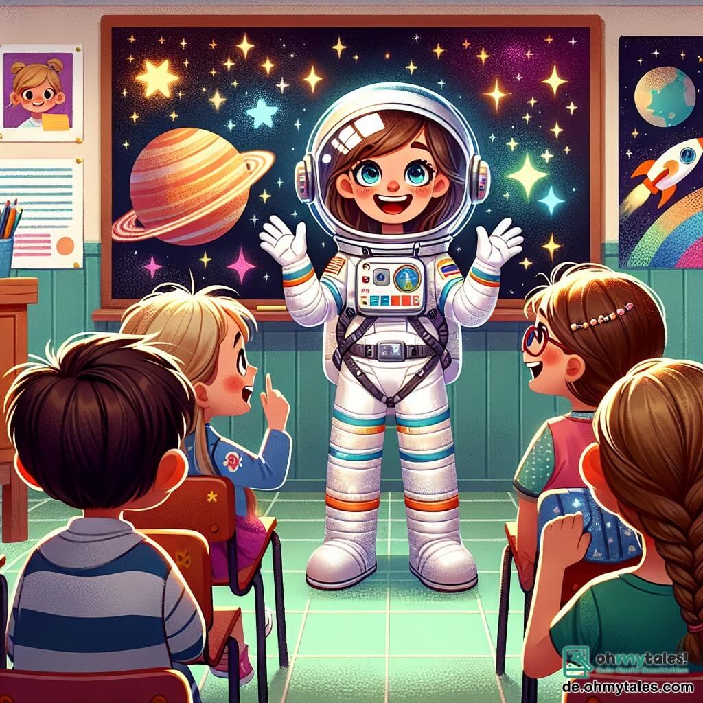 Eine Astronautin, Dr. Clara Weiss, steht im Mittelpunkt des Bildes, lächelnd und voller Begeisterung, in einem eleganten, glänzenden weißen Raumanzug mit bunten Details. Ihre braunen Haare sind zu einem Pferdeschwanz gebunden, und ihre Augen strahlen vor Freude, während sie einer Gruppe von Kindern von ihren Abenteuern im Weltraum erzählt. Unter den Kindern ist Tim, ein 8-jähriger Junge mit runden Brillen und zerzausten Haaren, der fasziniert zuhört. Neben ihm hebt Lisa, ein 7-jähriges Mädchen mit langen, geflochtenen blonden Haaren, die Hand, um eine Frage zu stellen, ihr Gesicht leuchtet vor Aufregung. Die Szene spielt in einem großen, bunten Klassenzimmer, dekoriert mit Postern von Planeten und funkelnden Sternen, mit Holztischen und einer Tafel im Hintergrund. Clara erzählt von ihren unglaublichen Erfahrungen im Weltraum, während die Kinder, gefesselt, sich interstellare Reisen vorstellen, ihre Gesichter strahlen vor Staunen und Neugier.