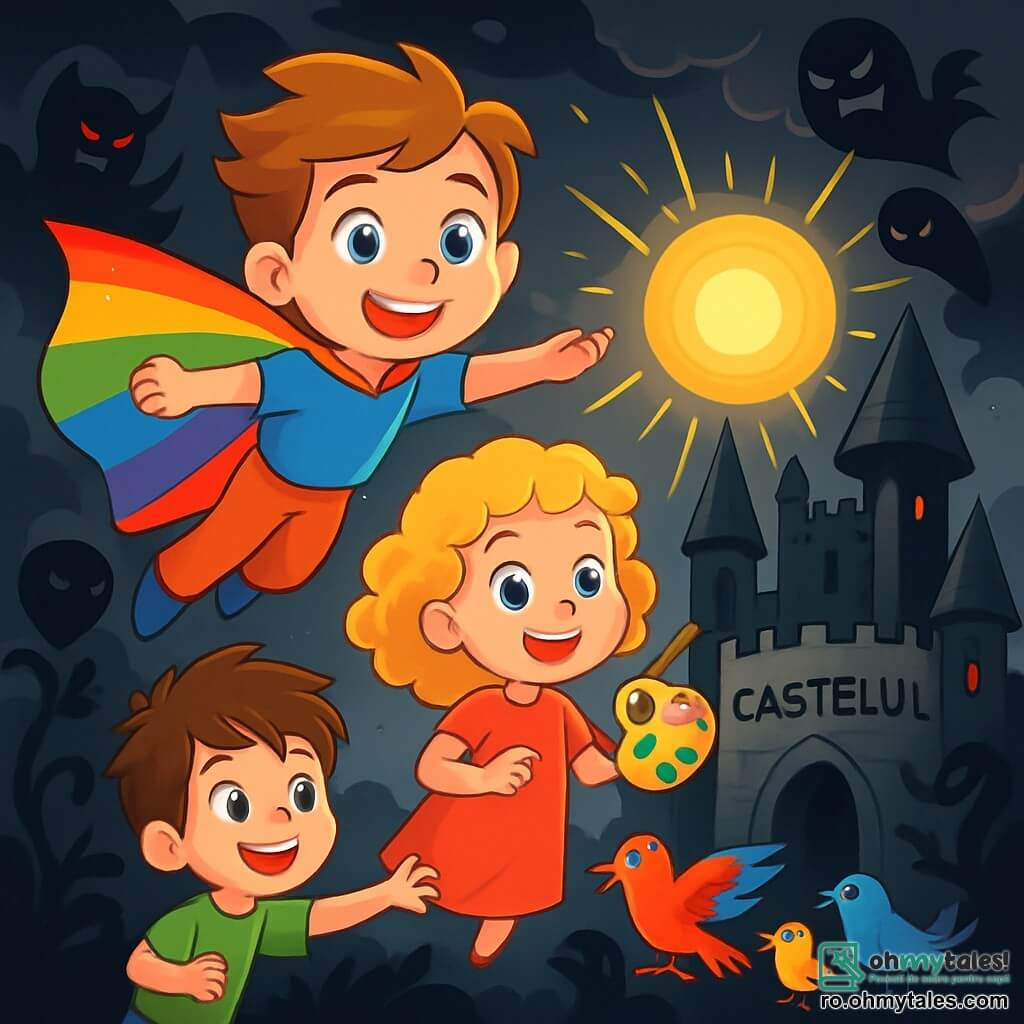 Artiom, un băiat de 10 ani cu ochi albaștri strălucitori și un zâmbet radiant, poartă o capă colorată care strălucește ca un curcubeu. El zboară în aer, cu brațele desfăcute, având o expresie de determinare și bucurie pe față. Lângă el, Mari, o fetiță de 9 ani cu părul creț și auriu, ține o paletă de vopsea magică, creând raze de soare care iluminează cerul întunecat. Ticu, un băiat de 8 ani cu părul brun zbârlit, se află lângă un grup de păsări colorate, chemându-le cu entuziasm să-l ajute. Scena se desfășoară în fața castelului Baronului Umbros, o clădire veche și amenințătoare, înconjurată de nori negri și creaturi de umbră. Castelul este făcut din pietre gri, cu turnuri ascuțite și feronerie întunecată, contrastând cu lumina pe care o aduc copiii. Situația principală arată cum Artiom și prietenii săi sunt uniți într-o luptă eroică pentru a elibera bucuria și culoarea din lume, înfruntându-l pe Baronul Umbros și creaturile sale, plini de curaj și speranță.