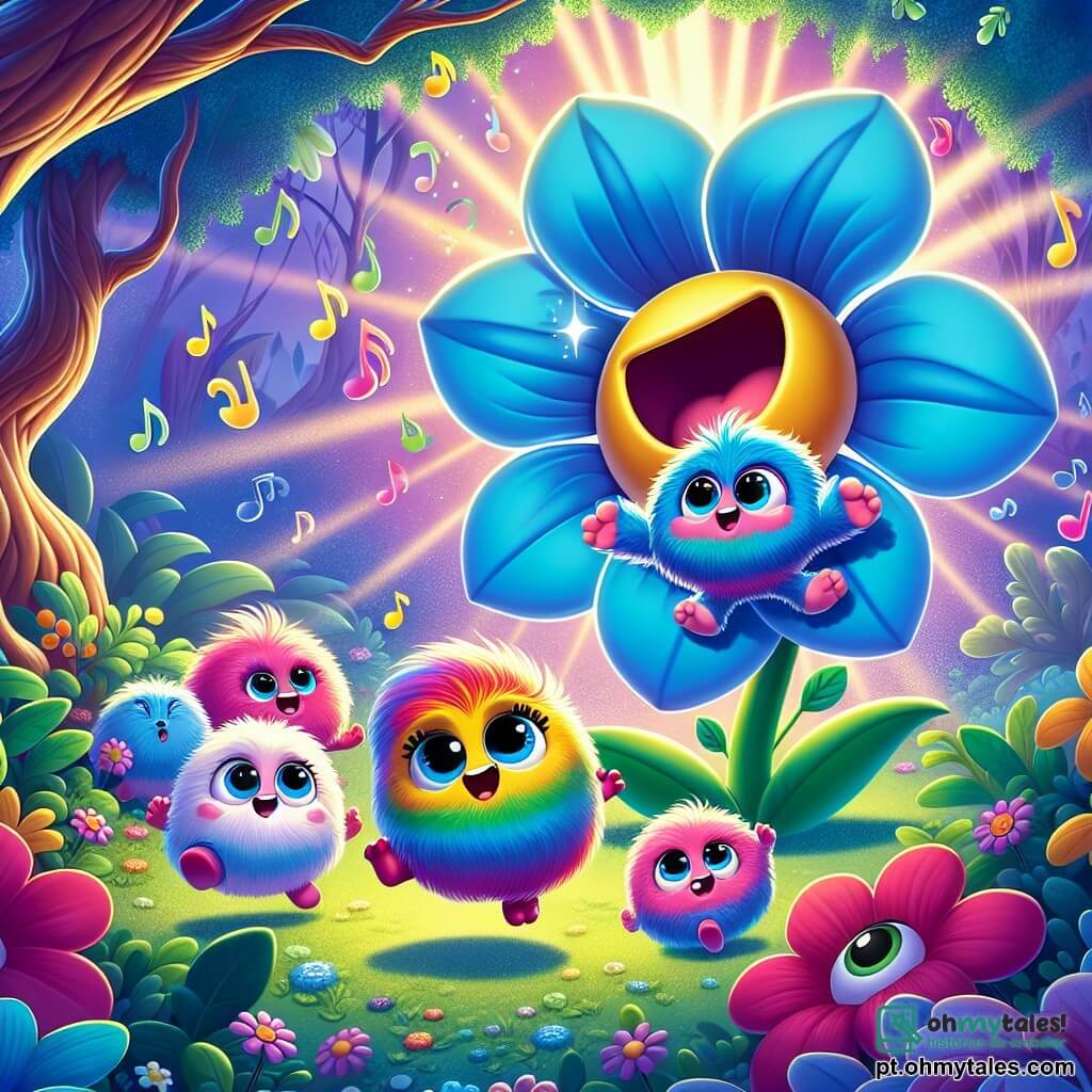Momo, o pequeno monstro colorido, é um ser alegre com pelagem em arco-íris e grandes olhos brilhantes que cintilam de excitação. Ele dança animadamente ao redor de uma imensa flor azul, seu sorriso radiante refletindo sua alegria. Ao seu lado, um grupo de Fofos, pequenas criaturas peludas e redondas, pulam de felicidade, seus pelos macios e coloridos ondulando ao ritmo da música. O cenário mágico é a Floresta das Maravilhas, uma floresta encantada onde as árvores tortuosas parecem sorrir e raios de luz filtram pelas folhas, criando uma atmosfera mágica. Momo e os Fofos celebram juntos o dia da flor azul, dançando e rindo ao redor da flor gigante, cheios de felicidade e energia, enquanto notas musicais flutuam no ar, criando um ambiente festivo e alegre.