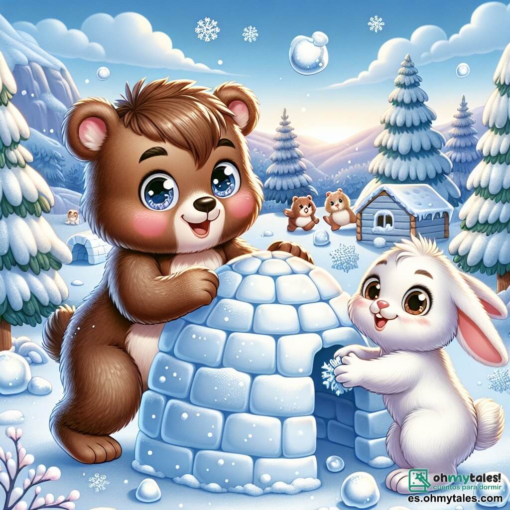 Un pequeño oso marrón llamado Bruno, con un pelaje suave y ojos brillantes de curiosidad, está construyendo un iglú en la nieve. Sonríe ampliamente, con las mejillas sonrojadas por el frío, mientras apila bolas de nieve con entusiasmo. A su lado, su amigo Lucas, un pequeño conejo blanco con grandes orejas y pelaje sedoso, le ayuda lanzando bolas de nieve. Lucas tiene una mirada alegre y traviesa, sus patas se agitan en la nieve, listo para jugar. El paisaje es un hermoso escenario invernal, con árboles majestuosos cubiertos de nieve brillante, un cielo azul claro y copos de nieve cayendo suavemente a su alrededor. La escena muestra a Bruno y Lucas en plena acción, riendo y divirtiéndose mientras crean juntos su iglú, simbolizando la amistad y la alegría del invierno.