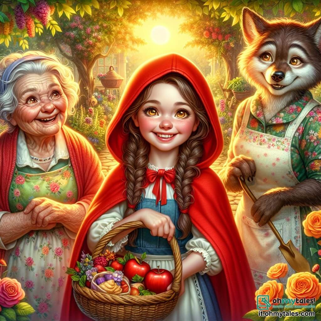 Cappuccetto Rosso, una bambina di circa 8 anni, indossa un mantello rosso vivo con un cappuccio che incornicia il suo viso sorridente. I suoi occhi brillanti di curiosità scintillano di eccitazione mentre tiene un cestino pieno di deliziose leccornie. Accanto a lei, la nonna, una donna anziana dal viso dolce e rugoso, è vestita con un abito floreale e un grembiule. Sorride calorosamente, con le braccia aperte, pronta ad accogliere la nipotina nel suo giardino incantato. Il lupo gentile, un animale dagli occhi brillanti e dal pelo setoso, si trova vicino a loro, con un'espressione amichevole e un'aria servizievole. Tiene una pala nella zampa, pronto ad aiutare a piantare fiori. La scena si svolge in un giardino lussureggiante, pieno di fiori colorati, cespugli verdi e sentieri in pietra. Il sole splende alto nel cielo, illuminando il paesaggio con una dolce luce dorata. Cappuccetto Rosso e la nonna lavorano insieme con il lupo per abbellire il giardino, ridendo e condividendo storie, creando un'atmosfera gioiosa e calorosa.
