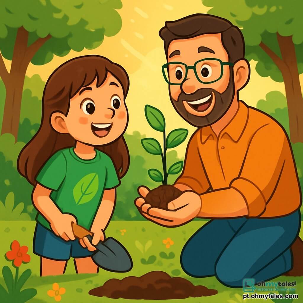 Uma menina de 10 anos, Clara, com longos cabelos castanhos e olhos brilhantes de curiosidade, sorri alegremente segurando uma pequena pá nas mãos. Ela usa uma camiseta verde vibrante com um padrão de folha e um short de jeans, com as bochechas levemente rosadas de excitação. Ao lado dela, um homem de cerca de 40 anos, o Sr. Carlos, com uma barba bem feita e óculos, a encoraja com um grande sorriso, segurando uma muda de árvore nas mãos. Eles estão em um parque verdejante, cercado por árvores majestosas e flores coloridas, com raios de sol filtrando através das folhas. Clara e o Sr. Carlos estão plantando uma nova árvore na terra solta, simbolizando seu compromisso com a natureza e a ecologia.