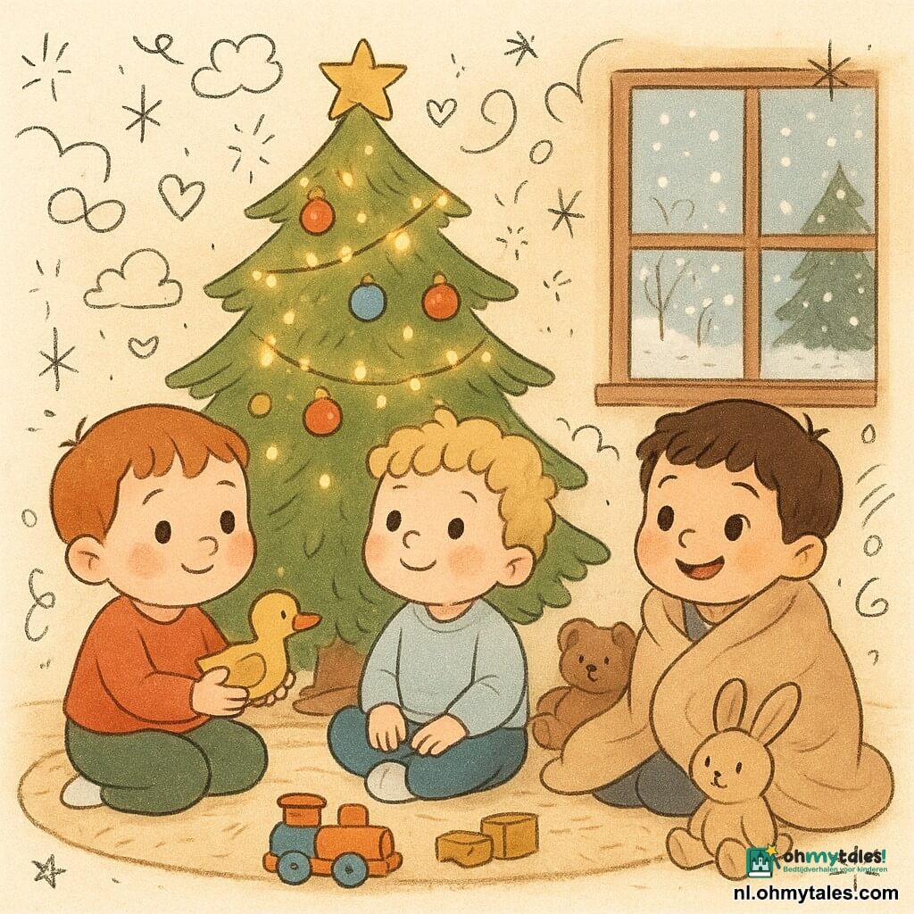 Drie jongetjes van één jaar oud zitten in een gezellige kamer met een grote, versierde kerstboom. Een jongetje met rode wangen houdt een houten eendje vast. Een ander met blonde krullen kijkt naar de lampjes van de boom. Het derde jongetje, met bruine haren en sprankelende ogen, is in een zachte deken gewikkeld en glimlacht. Buiten de sneeuwvlokken vallen zachtjes. De drie jongens zijn gefascineerd door de schitterende lichtjes van de kerstboom, omringd door houten speelgoed en knuffels, wat een feestelijke en warme sfeer creëert. De lichtjes weerspiegelen in hun ogen, wat een magische sfeer toevoegt.
