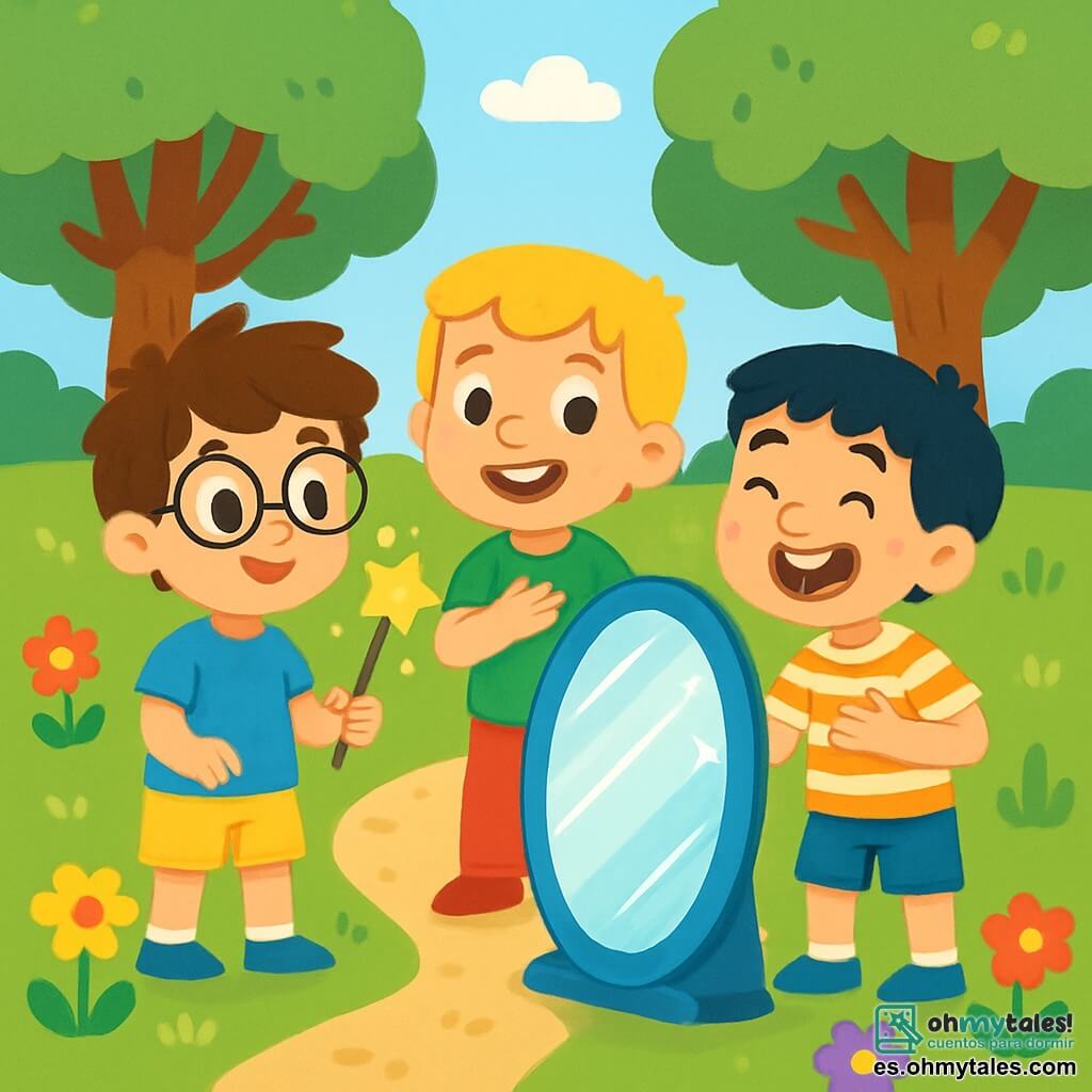 Hay 3 personajes: - Tomás: un niño de 7 años, con cabello castaño despeinado y gafas redondas. Lleva una camiseta azul y un pantalón corto amarillo. Sostiene un bastón mágico brillante en su mano derecha y sonríe con curiosidad. - Leo: un niño de 6 años, con cabello rubio y ojos brillantes. Lleva una camiseta verde y un pantalón rojo. Está mirando en un espejo mágico, con una expresión alegre en su rostro. - Javier: un niño de 7 años, con cabello negro y pecas. Lleva una camisa a rayas y un pantalón corto de mezclilla. Está al lado de Leo, riendo y mostrando su propio reflejo en el espejo. La escena principal tiene lugar en un parque soleado, lleno de flores coloridas con pétalos brillantes de rojo, amarillo y violeta. Grandes árboles con hojas verdes se mueven suavemente con el viento, y un camino de grava serpentea a través del parque, llevando a un espejo mágico que brilla con una luz suave. La situación principal de la historia muestra a los tres amigos descubriendo el espejo mágico. Tomás, con su bastón brillante, está frente al espejo, mientras Leo y Javier lo animan a expresar sus emociones. Sus rostros están iluminados por la magia del espejo, y una atmósfera de alegría y camaradería flota a su alrededor.