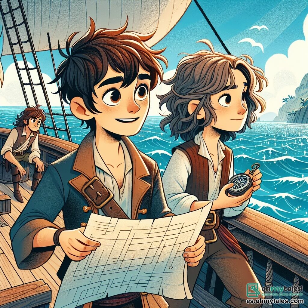 Hernán, un joven de unos 20 años, está al borde de un barco pirata llamado "Viento del Sur". Tiene el cabello castaño desordenado, ojos brillantes de curiosidad y una sonrisa decidida. Sostiene un viejo pergamino en sus manos, mirando el horizonte con una expresión de emoción y aventura. A su lado, Marta, una navegante experta de unos 25 años, tiene el cabello largo y ondulado, y lleva una blusa de marinero. Está concentrada en una brújula, ajustando su rumbo con confianza. Un poco más lejos, Tomás, un joven de 18 años, está agachado cerca del borde del barco, reparando una tabla con herramientas, mostrando una expresión seria pero decidida. El lugar es un océano vasto y azul, con olas brillantes bajo un cielo soleado salpicado de nubes blancas. A lo lejos, se ve la silueta misteriosa de una isla verde, rodeada de playas doradas y palmeras moviéndose con el viento. La escena principal muestra a Hernán y su valiente equipo de piratas en plena aventura, listos para descubrir la legendaria Isla de los Deseos, con expresiones de anticipación en sus rostros mientras navegan hacia lo desconocido.