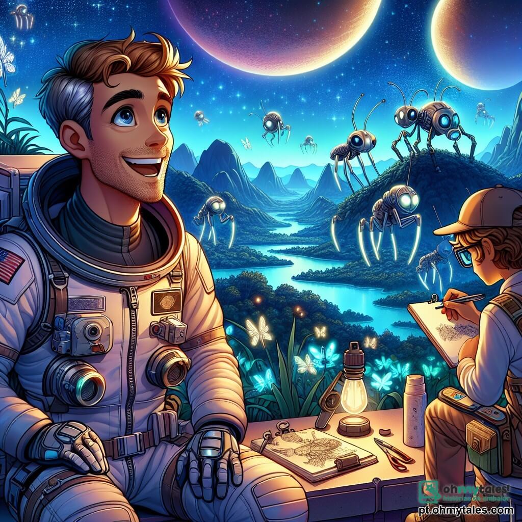 O personagem principal, o Comandante Lucas, é um homem na casa dos quarenta anos, com cabelos castanhos levemente grisalhos e olhos brilhantes de curiosidade. Ele usa um traje espacial brilhante, adornado com símbolos de exploração, e exibe um largo sorriso, expressando tanto excitação quanto determinação enquanto observa a paisagem extraterrestre. Ao seu lado está Mara, uma jovem bióloga de 25 anos, com cabelos longos e cacheados, e óculos que escorregam pelo nariz. Ela segura um pequeno caderno de esboços, desenhando as criaturas luminosas que voam ao redor deles, com os olhos brilhando de fascínio. Um pouco atrás, um engenheiro chamado Tom, um homem de 30 anos com uma barba bem cuidada e um boné, ajusta um robô assistente que ajuda a construir a colônia, com uma expressão concentrada. O cenário é uma paisagem extraterrestre deslumbrante, com colinas verdejantes e oceanos cintilantes sob um céu estrelado, onde duas luas brilham intensamente. Criaturas brilhantes, parecidas com vagalumes metálicos, dançam no ar, iluminando a noite com um suave brilho. A situação principal mostra Lucas e Mara admirando a beleza de Gliese 581g, enquanto Tom trabalha no robô, todos unidos em sua missão de construir uma nova colônia, cheios de esperança e admiração diante do desconhecido.