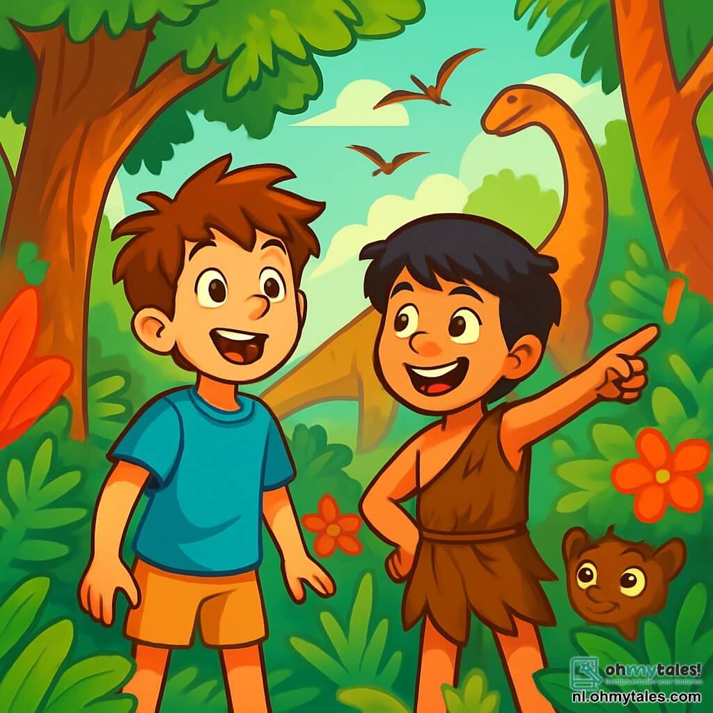 Een 10-jarig jongen met rommelig bruin haar en nieuwsgierige ogen staat in het midden van een prehistorisch bos. Hij draagt een blauwe T-shirt en een beige short, en zijn gezicht toont verwondering en opwinding. Naast hem staat een jonge jongen genaamd Tiko, ook ongeveer 10 jaar oud, met zwart haar en leren kledij van bladeren, die enthousiast glimlacht en een dinosaurus in de verte aanwijst. De omgeving is een dicht bos met gigantische bomen, weelderige varens en levendige kleuren van exotische bloemen. Op de achtergrond beweegt een enorme herbivore dinosaurus, een sauropode, langzaam, terwijl prehistorische vogels boven hen vliegen. De hoofdscène toont de jongen en Tiko, verwonderd, die de vredig grazende dinosaurus observeren, terwijl een klein nieuwsgierig dier hen vanuit een struik bekijkt. De sfeer is gevuld met magie en avontuur, met zonnestralen die door het dichte loof filteren.