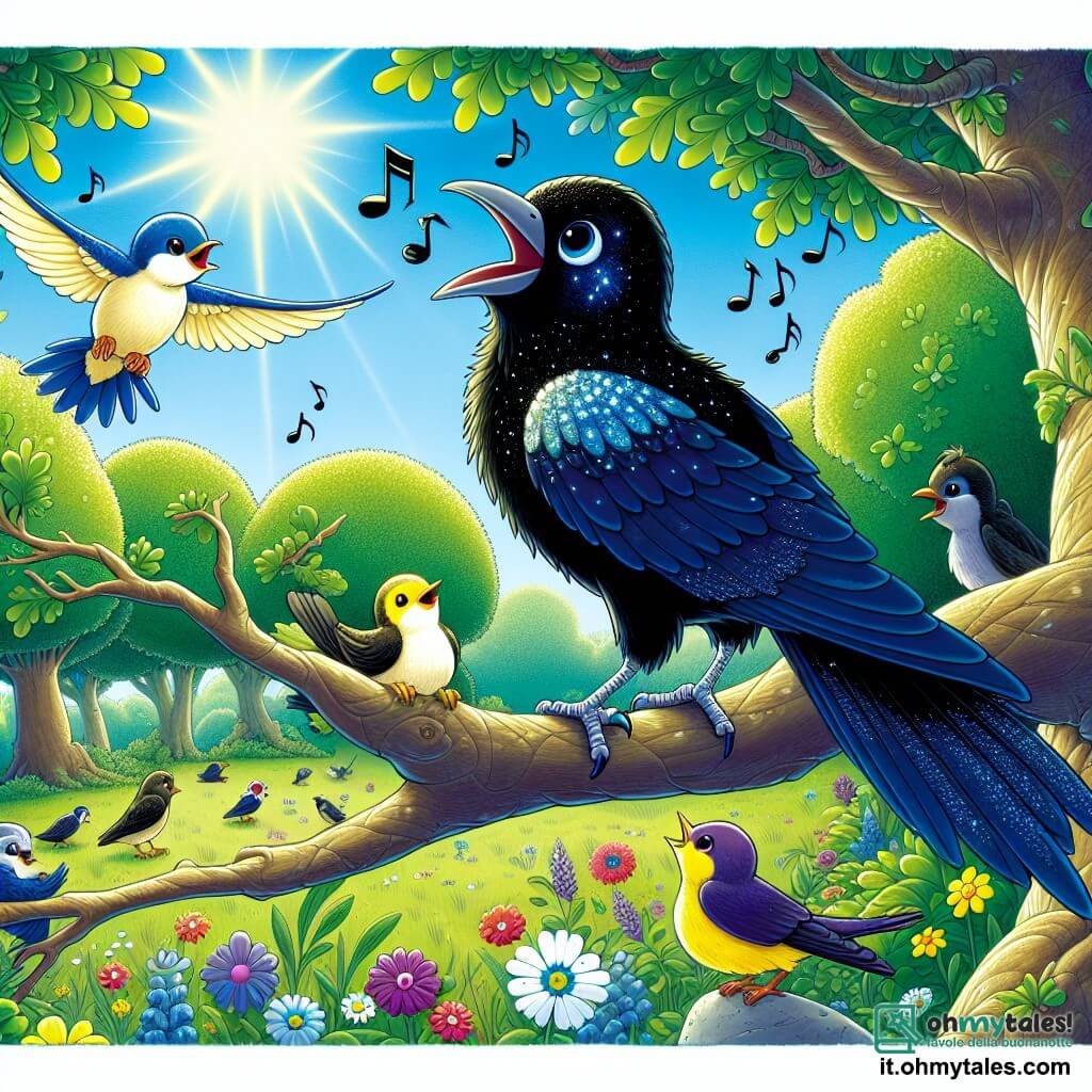 Un corvo di nome Corvino, con un piumaggio nero lucente e riflessi blu scintillanti, si trova su un ramo di una grande quercia, con uno sguardo curioso e gioioso, cantando una dolce melodia che attira l'attenzione degli altri animali. Vicino a lui, una piccola rondine di nome Ronda, con un piumaggio giallo vivace e ali delicate, lo ascolta con ammirazione, appollaiata su un ramo più basso, battendo le ali con entusiasmo. Sullo sfondo, un magnifico boschetto verde si estende, punteggiato di fiori colorati e sotto un cielo azzurro chiaro, dove la luce del sole filtra tra le foglie, creando un'atmosfera incantata. La scena rappresenta Corvino che canta con passione, circondato da animali curiosi che si radunano per ascoltare la sua musica, illustrando la magia dell'amicizia e della musica nella foresta.