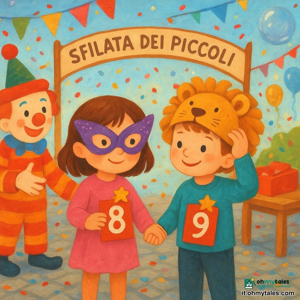 Ci sono due bambini di 3 anni: Lina, piccola con capelli castani e una maschera da farfalla viola dalle ali brillanti, a sinistra tiene la mano di Teo e attacca con una molletta a stella il numero rosso 8; Teo, a destra, capelli corti, indossa un cappello da leone con criniera in stoffa color senape, sorride a Lina e sistema il suo cappello mentre sul suo nastro è fissato il numero rosso 9. Sono in una piazza di carnevale colorata con pavé grigio, festoni multicolori, un arco in legno con la scritta "Sfilata dei Piccoli", una tavola con una scatola di numeri rossi, bolle di sapone giganti e pioggia di coriandoli; i bambini si preparano per la sfilata in una scena calda e gioiosa, la musica suona e un clown sorridente offre aiuto.