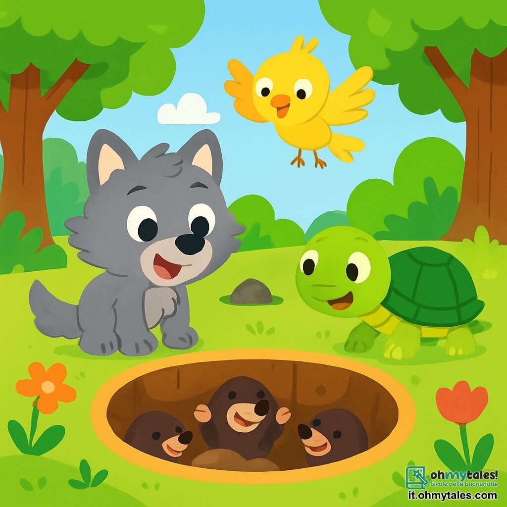 Un piccolo lupo curioso di nome Leo, con un morbido pelo grigio e occhi scintillanti di malizia, si trova al bordo di un grande buco nel terreno, mostrando un'espressione di meraviglia e gioia. Accanto a lui, un piccolo uccello giallo vivace di nome Pippo, con ali delicate e un sorriso birichino, vola in cerchio sopra il buco, guardando con curiosità. Una tartaruga verde e carina, di nome Tina, con un guscio lucido e occhi saggi, osserva attentamente il buco, mostrando un'espressione di eccitazione e determinazione. Il luogo è una radura incantata in una foresta verdeggiante, circondata da alberi maestosi con foglie brillanti di verde e fiori colorati che danzano al vento. La luce del sole filtra tra i rami, creando ombre danzanti sul terreno. In questa scena, Leo, Pippo e Tina scoprono un misterioso buco nel terreno, dove una famiglia di piccole talpe gioca felicemente a nascondino, aggiungendo un tocco di magia e risate alla loro avventura.