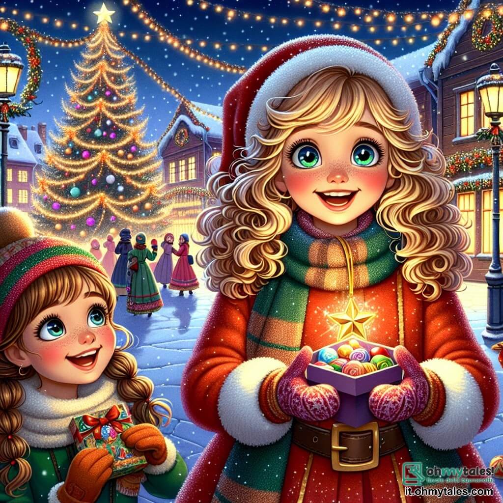 Una bambina di 7 anni, Anna, con capelli biondi e ricci, occhi scintillanti di gioia e un grande sorriso, si trova al centro della scena, tenendo un ciondolo a forma di stella scintillante nella mano. Indossa un cappotto rosso vivo con una sciarpa a righe e guanti di lana, ed è meravigliata dalla magia che la circonda. Accanto a lei, la sua migliore amica Sofia, anche lei di 7 anni, con capelli castani e lisci, indossa un bel vestito verde e un berretto di lana, sorridendo ad Anna con ammirazione. Sofia tiene una piccola scatola di caramelle colorate, pronta a condividerle. Sullo sfondo, il villaggio di Nevefelice è illuminato da luci scintillanti, con case di legno decorate e un grande albero di Natale al centro della piazza, ornato di palline colorate e ghirlande dorate. La neve copre il suolo, creando un paesaggio incantato. La scena principale mostra Anna e Sofia circondate da bambini che danzano e giocano felicemente, mentre gli adulti ridono e si scambiano auguri di Natale. L'atmosfera è festosa e calorosa, piena di magia e felicità, catturando lo spirito del Natale in questo incantevole villaggio.