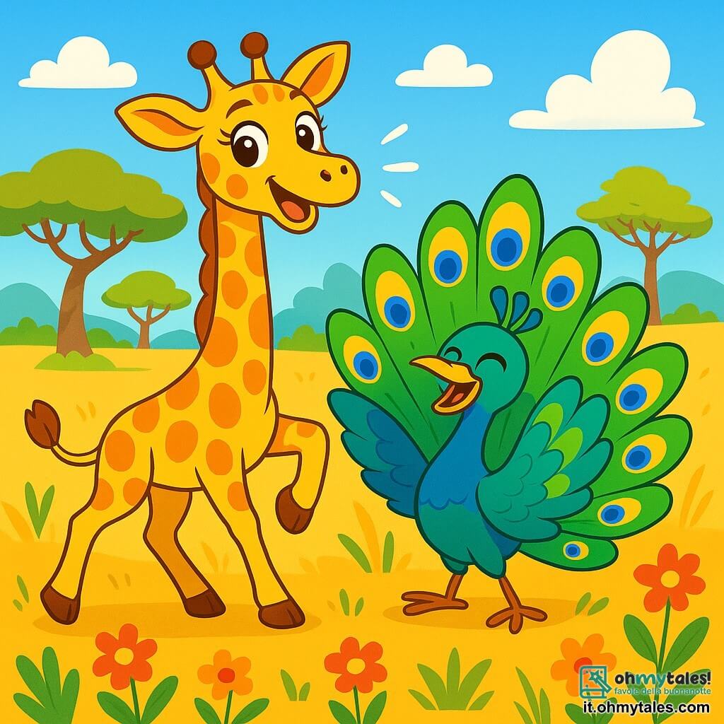 Una giraffa di nome Gina, con un lungo collo elegante e macchie dorate, danza gioiosamente sotto un cielo blu splendente, i suoi grandi occhi brillanti di curiosità e felicità. Accanto a lei, un pavone di nome Paolo, con piume brillanti di verde e blu, ride mostrando le sue magnifiche ali spiegate, aggiungendo un tocco di magia alla scena. Il decor è una savana soleggiata, punteggiata di alberi maestosi e fiori colorati, dove la leggera brezza fa danzare l'erba alta. Al centro dell'illustrazione, Gina e Paolo si divertono insieme, circondati da risate e colori vivaci, catturando lo spirito di amicizia e avventura della loro giornata al museo delle meraviglie.