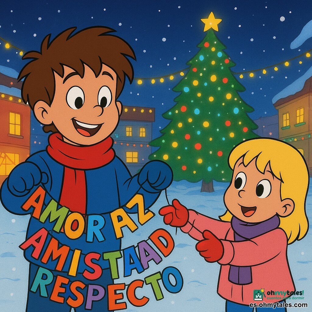 Mateo, un niño de 8 años con cabello castaño alborotado y una gran sonrisa, está de pie en la nieve sosteniendo una guirnalda colorida de palabras amables. Lleva una bufanda roja y un abrigo azul. Su hermana menor, Lucía, de 5 años, con cabello rubio y grandes ojos curiosos, le ayuda a colgar la guirnalda. Está al lado de Mateo, extendiendo los brazos hacia la guirnalda. Al fondo, la plaza del pueblo está decorada con luces navideñas centelleantes y un gran árbol iluminado en el centro. La escena se desarrolla bajo un cielo estrellado, con copos de nieve cayendo suavemente a su alrededor. La atmósfera es alegre y festiva, llena de colores vivos y detalles cálidos.