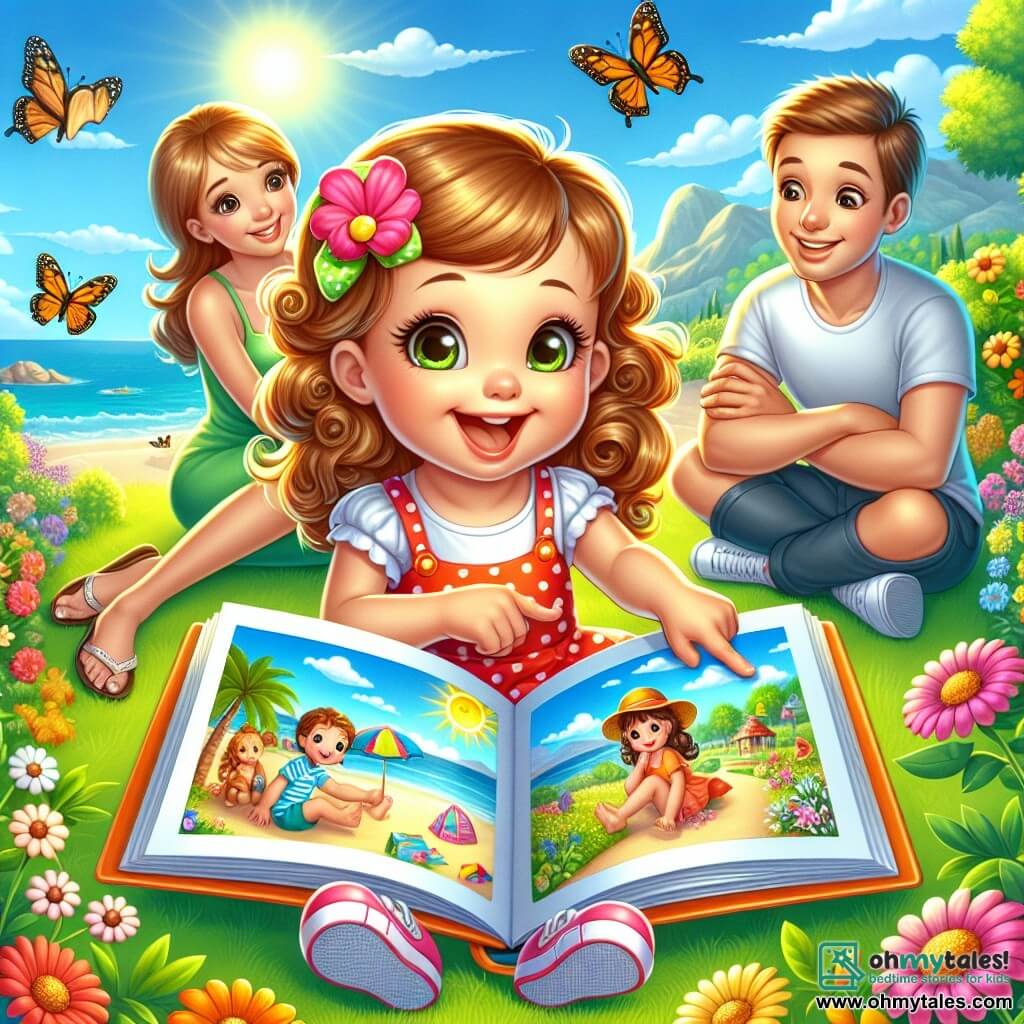 A 2-year-old girl with big bright eyes and curly hair is sitting on the green grass. She is joyfully smiling while holding an open book in front of her, featuring pictures of beaches and parks. Next to her, her mother, a woman in her thirties with long straight hair, is sitting cross-legged, looking at the book with a tender smile. A little further away, her father, a man in his thirties with light stubble, stands with his arms crossed, smiling as he watches them. The garden is filled with colorful flowers and butterflies flying around. The sun shines high in the blue sky, with white clouds gently floating. The little girl dreams of summer adventures, surrounded by the warmth and love of her family, pointing at a picture in the book, excited by the vacation stories.