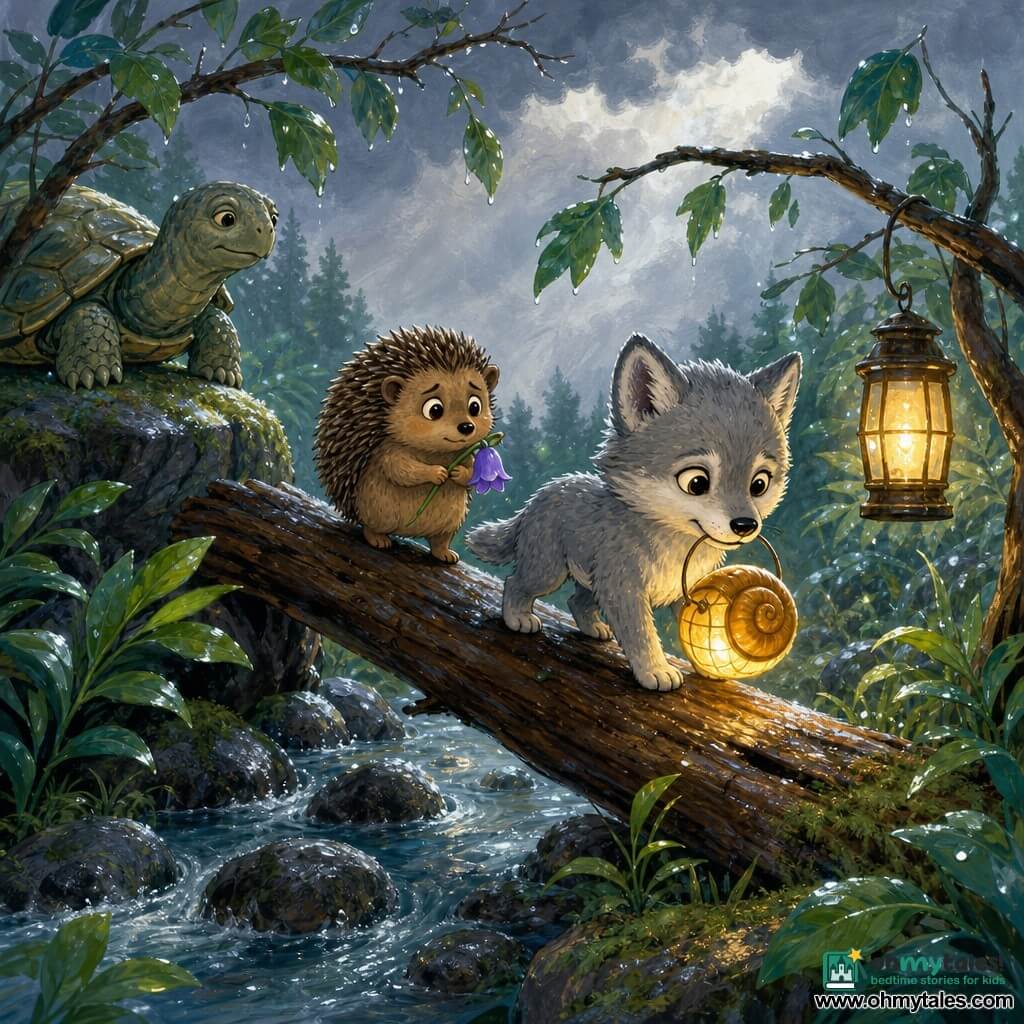 A small silvery-gray wolf with moon-bright eyes, pointed ears and soft fur, wearing a focused yet kind expression, gently holds a snail-shell lantern glowing warm yellow in its mouth and cautiously crosses a tilted stump bridge; a round spiky brown hedgehog with worried but relieved eyes follows just behind, clutching a small purple bellflower. To the right a lantern hangs from a low branch, its light making a soft halo; to the left an old calm tortoise watches from a mossy rock. The wet forest after a storm shows shining stones, soaked green leaves, sparkling raindrops, low wind-bent branches and a pearl-gray sky filtering soft light. The wolf guides the hedgehog through a dangerous but safe passage, with a reassuring post-storm atmosphere of warm light and cool drenched vegetation.