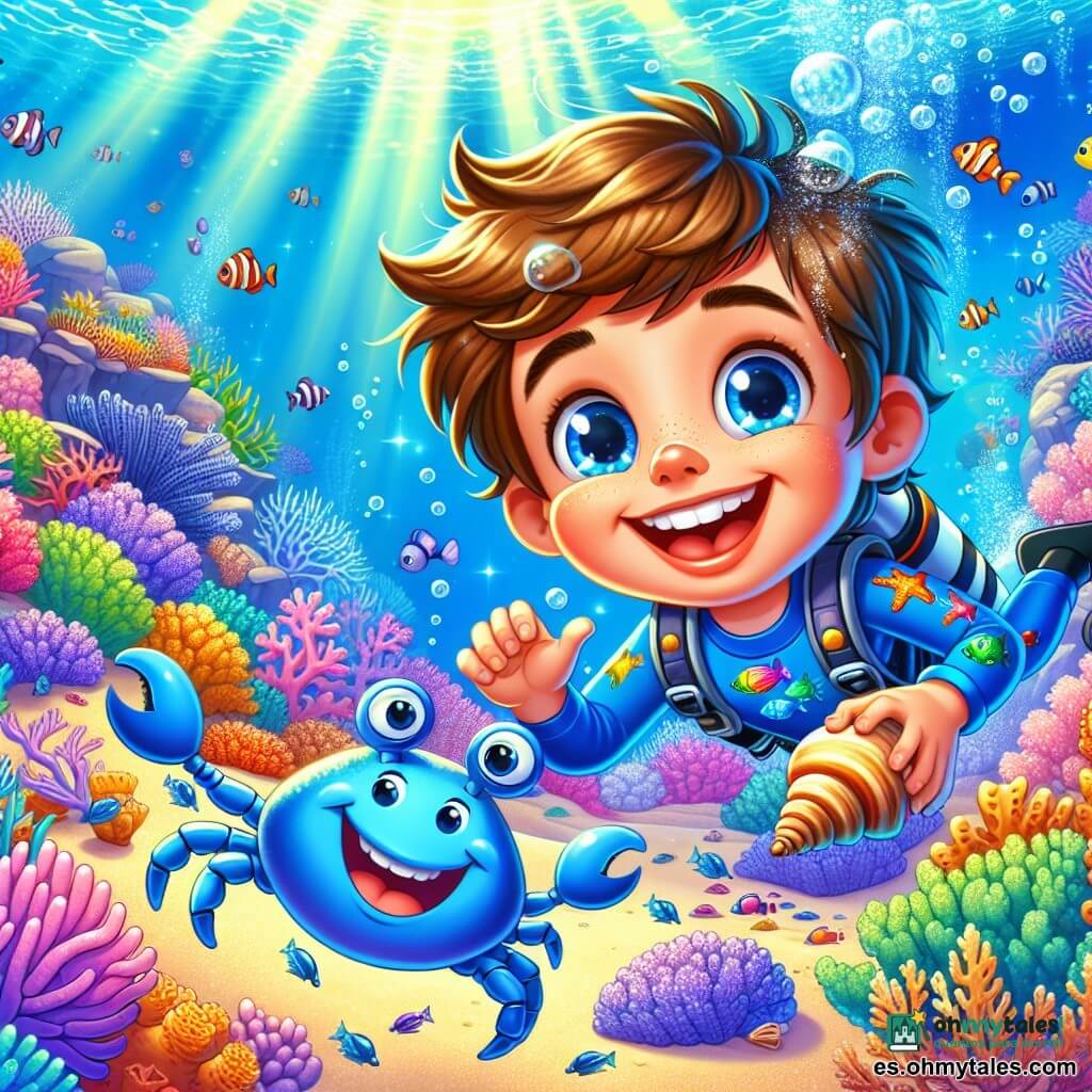 Un niño de 8 años, llamado Martín, con cabello castaño despeinado y ojos llenos de curiosidad, nada alegremente bajo el agua, sonriendo. Lleva un traje de buceo azul con dibujos de peces coloridos y sostiene una concha en sus manos, maravillado por la belleza del mundo marino que lo rodea. A su lado, un cangrejo azul llamado Don Burbujas, con grandes pinzas y una expresión traviesa, flota cerca de él, mostrando el camino con una pequeña danza. El fondo es un vibrante arrecife de coral, lleno de corales de colores rosa, naranja y violeta, donde nadan peces multicolores y estrellas de mar brillantes sobre el fondo arenoso. La escena muestra a Martín y Don Burbujas explorando juntos el arrecife en busca de la misteriosa Perla Fresca, rodeados de la alegre y luminosa vida marina.