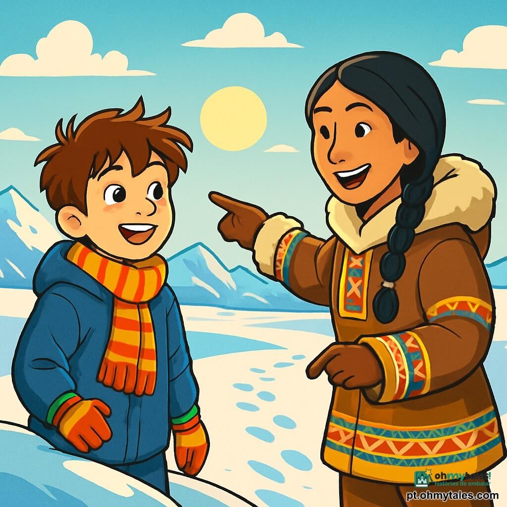 Um garoto de 12 anos, Miguel, com cabelos castanhos bagunçados e olhos brilhantes de curiosidade, está no topo de uma colina coberta de neve. Seu rosto expressa deslumbramento, com um sorriso largo e bochechas rosadas pelo frio. Ele usa um grosso casaco azul, luvas coloridas e um cachecol listrado, olhando ao longe. Ao seu lado, a Sra. Ári, uma mulher Inuit de cerca de 30 anos, com longos cabelos negros trançados e um rosto acolhedor, sorri enquanto aponta para a paisagem. Ela veste uma parka tradicional decorada com padrões coloridos, mantendo-se um pouco atrás, mas próxima de Miguel, compartilhando esse momento de admiração. O cenário é uma vasta extensão de neve brilhante, com montanhas majestosas ao fundo sob um céu azul claro, salpicado de nuvens brancas. O sol está baixo no horizonte, projetando sombras longas e douradas no chão. A cena principal mostra Miguel e a Sra. Ári admirando a paisagem ártica, com pegadas na neve fresca, simbolizando sua aventura juntos e a beleza do mundo ao seu redor.