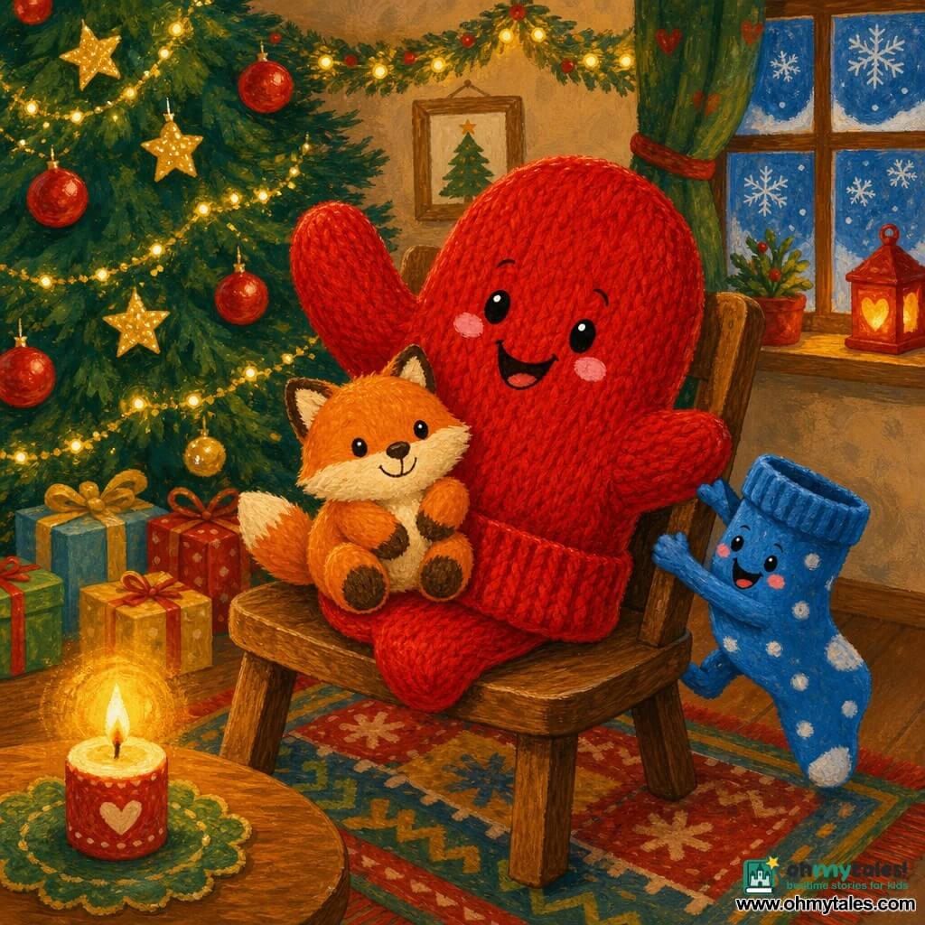 A large red wool mitten (main character), expressive and joyful with black embroidered eyes and small pink cheeks, sits on a wooden chair lifting one side as if bouncing; a soft orange-and-beige plush fox (secondary) cuddles against the mitten on the chair's lap; a small blue polka-dot sock (secondary), mischievous and laughing, hangs from the chair's edge to the right; a short candle on the table (secondary) emits a warm orange flame and golden halo at the front left; the cozy Christmas living room features a decorated green tree with red baubles and gold stars, sparkling garlands, a patterned rug, a frosted window with falling snowflakes and colorful presents at the tree's base; the mitten has just landed on the chair and discovered the fox inside an opened gift, warm atmosphere, simple composition, bright contrasting colors, woolly soft textures, warm candle and garland light.