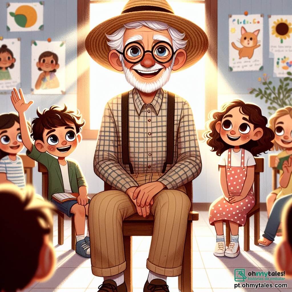 Um homem idoso, o Vovô Miguel, está no centro da cena, com um grande sorriso caloroso no rosto. Ele usa um chapéu de palha desgastado, uma camisa xadrez e uma calça bege, seus olhos brilhando de sabedoria e bondade. Ele está sentado em uma cadeira de madeira, cercado por crianças.

À sua direita, Ana, uma menina de 8 anos com cabelos castanhos e cacheados, o escuta atentamente, com os olhos arregalados de admiração. Ela veste um vestido rosa de bolinhas e segura um caderno nas mãos, pronta para anotar suas ideias. À sua esquerda, Pedro, um menino de 9 anos com óculos e cabelos loiros, levanta a mão para fazer uma pergunta, exibindo uma expressão curiosa e engajada.

A cena acontece em uma sala de aula iluminada, com paredes decoradas com desenhos de crianças sobre paz e amizade. Raios de sol filtram pelas janelas, iluminando os rostos das crianças e criando uma atmosfera calorosa e acolhedora.

A situação principal mostra Vovô Miguel compartilhando suas histórias de guerra e paz com as crianças, que se entusiasmam e trocam ideias sobre como construir amizades e promover a paz em sua escola.