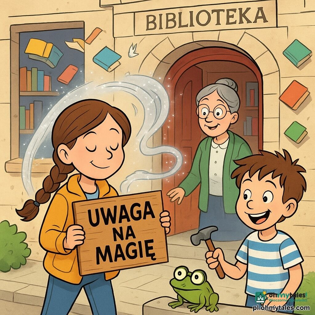 Dziesięcioletnia Maja, uśmiechnięta lecz skupiona, z długim brązowym warkoczem, w musztardowej kurtce i czerwonych botkach, wbija przed biblioteką małą drewnianą tabliczkę z napisem „UWAGA NA MAGIĘ”. Obok po prawej stoi 10-letni Tymek, roześmiany i nieco potargany, w paskowanej koszulce i dżinsach, trzyma młotek i patrzy na żabę w okularach siedzącą na mureczku. W framudze drzwi uśmiechnięta i zaskoczona bibliotekarka Pani Ela (ok. 50 lat), szare włosy w koku, okulary na łańcuszku. Magiczny wiatr przedstawiony jako srebrna smuga z migoczących piórek owija tabliczkę i muska postacie. Fasada biblioteki z jasnego kamienia, czerwone drewniane drzwi, przez okno widać półki, a wokół wejścia skaczące kolorowe książki. Jasna, żywa scena, wyraźne kreski, przesadzone zabawne ekspresje, kompozycja skupiona na Mai i tabliczce, klimatu fantasy z humorem i życzliwością.