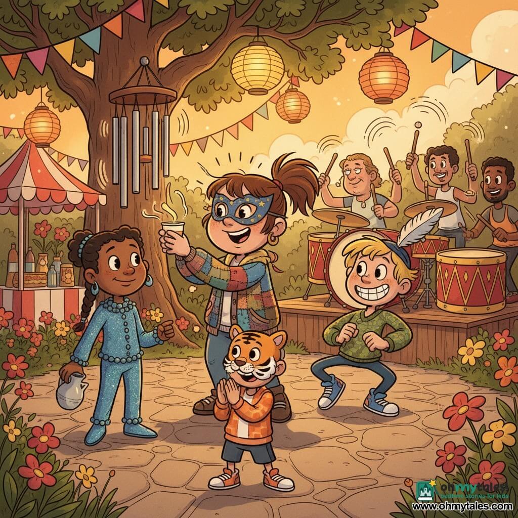 A joyful, focused 12-year-old girl with a round freckled face, brown ponytail, colorful patchwork jacket and star mask offers a small paper cup of lemon water to silver chimes to steady enchanted music in the carnival's main circle in a public garden—irregular flagstone ground, colorful bunting, paper lanterns in an oak, bright stalls and flowers—while an enthusiastic, comic 12-year-old boy (Niko) with tousled blond hair, feathered hat and sneakers dances behind her ready to help, a calm, mischievous 12-year-old girl (Lila) in a shimmering blue beaded costume with beaded braids stands left smiling with an empty jug, a curious masked 7-year-old tiger-child claps at the center, and adult drummers on a wooden platform in the background beat large red-and-gold drums emitting visible vibrations; warm late-afternoon light, long shadows, saturated colors, rounded expressive features, visible fabric textures and exaggerated rubber-hose movement.