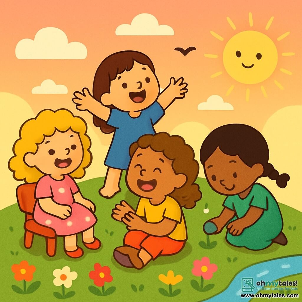 There are 4 children: - Girl 1: A 5-year-old girl with curly golden hair, wearing a pink dress with flowers. She is sitting on a small red chair, smiling joyfully. - Girl 2: A 4-year-old girl with smooth brown hair, dressed in a blue tunic. She is standing with her arms open, as if she wants to catch the clouds. - Girl 3: A 5-year-old girl with black braided hair, wearing a green dress. She is squatting, examining a shiny pebble in the grass. - Girl 4: A 4-year-old girl with curly chestnut hair, wearing a yellow t-shirt. She is sitting next to Girl 1, laughing and holding a piece of bread. The setting is a gentle, green hill dotted with colorful flowers and bathed in soft sunset light. The sky is a mix of pink and orange, and a small sparkling stream runs down the hill. The main scene shows the four girls laughing together, sharing a moment of happiness while discussing clouds and birds, creating a joyful and magical atmosphere.