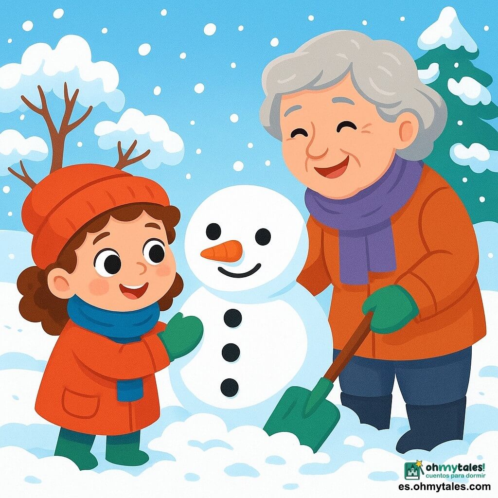 Una niña de 4 años, con grandes ojos curiosos y cabello rizado, lleva un abrigo rojo brillante, una bufanda azul y guantes verdes. Sonríe con asombro, con las mejillas rosadas por el frío, mientras juega en la nieve. A su lado, su abuela, una mujer mayor con cabello gris y una sonrisa cálida, sostiene una pequeña pala y la ayuda a despejar un camino en la nieve. El jardín está cubierto de una gruesa capa de nieve brillante, con árboles cuyas ramas están cargadas de copos blancos y un cielo azul claro. La niña y su abuela están construyendo un muñeco de nieve, añadiendo una zanahoria para la nariz y botones negros para los ojos, creando una escena alegre y invernal.