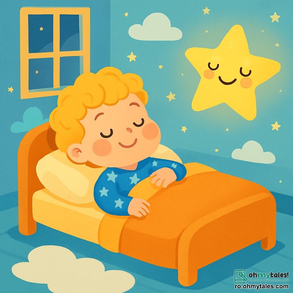 Un băiețel de 2 ani, cu părul creț și auriu, este întins pe un pat confortabil, cu un zâmbet liniștit pe față. Obrajii îi sunt roz și poartă un pijama albastru cu stele albe. Lângă el, o stea strălucitoare, cu o față zâmbitoare, plutește ușor în aer, iluminând scena cu o lumină blândă și aurie. Locul este o cameră călduroasă, cu pereții vopsiți în albastru pastel, decorată cu nori și stele mici. O fereastră lasă să pătrundă o lumină moale și difuză, iar un covor pufoș pe formă de nor este așezat pe podea. În această scenă, băiețelul respiră calm, inspirând și expirând încet, în timp ce steaua strălucitoare îl însoțește în călătoria sa spre somn.