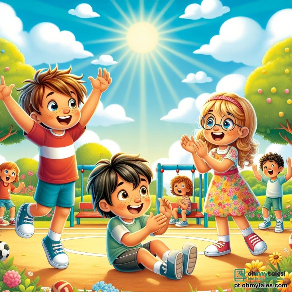 Três crianças estão no centro de um playground ensolarado. À esquerda, Lucas, um garoto de 9 anos com cabelos castanhos bagunçados e um grande sorriso, usa uma camiseta vermelha e um short azul, levantando os braços em sinal de vitória. À direita, Sofia, uma menina de 8 anos com tranças loiras e óculos redondos, veste um vestido florido e aplaude entusiasticamente. No centro, Pedro, um garoto de 9 anos com cabelos negros e sardas, está se levantando após uma queda, exibindo um olhar determinado apesar de uma leve careta. O local é um playground vibrante, cercado por árvores verdes e flores coloridas. Ao fundo, outras crianças brincam e um céu azul com nuvens brancas flutua. A cena mostra os três amigos celebrando uma vitória após um jogo, ilustrando a força de sua amizade e apoio mútuo, com expressões de alegria, determinação e espírito de equipe.