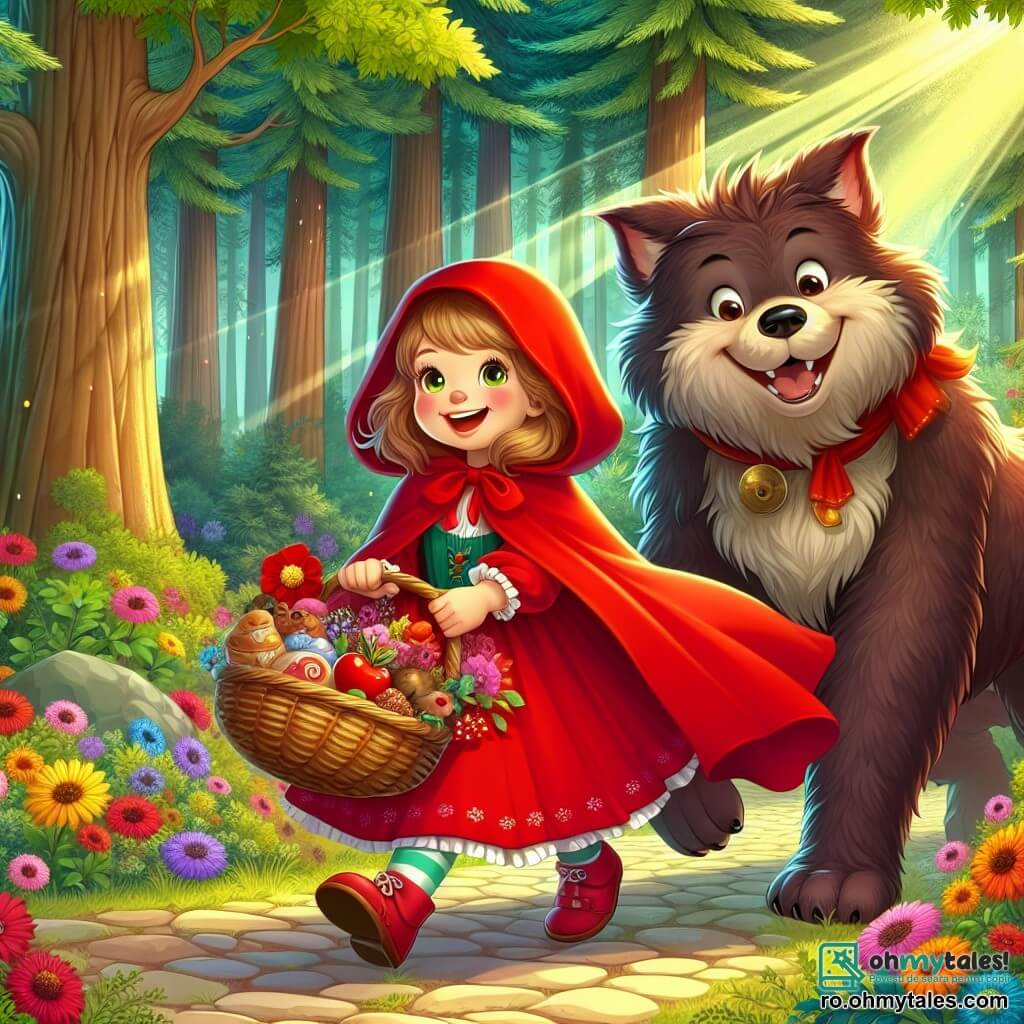 Căpcăunul Roșu, o fetiță veselă de aproximativ 8 ani, poartă o haină roșie strălucitoare și un coș de nuiele plin cu delicatese. Fața ei este luminată de un zâmbet larg, iar ochii îi strălucesc de entuziasm în timp ce avansează pe un drum sinuos prin pădure. Alături de ea, un vârcolac prietenos, mare și păros, cu ochi blânzi și un zâmbet cald, o însoțește. Pare să aibă aproximativ 10 ani, deși este o creatură magică, și se apleacă ușor spre Căpcăunul Roșu, pregătit să o ajute în misiunea ei. Scena se desfășoară într-o pădure fermecată, unde copacii sunt înalți și măreți, frunzele strălucesc în mii de culori sub soare. Flori multicolore presară solul, iar razele de lumină filtrează printre crengi, creând o atmosferă magică și primitoare. Căpcăunul Roșu și vârcolacul se îndreaptă împreună spre casa bunicii, hotărâți să aducă zâmbete și bucurie tuturor locuitorilor pădurii, curățând în același timp drumul de gunoaie pentru a proteja natura.