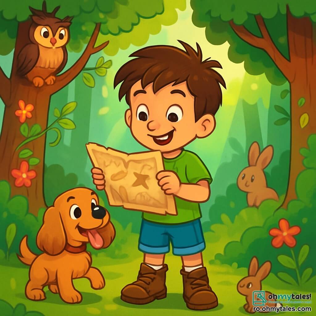 Un băiat tânăr pe nume Andrei, în vârstă de aproximativ 10 ani, stă în centrul imaginii, cu părul castaniu și ochii plini de curiozitate. Poartă un tricou verde aprins, o pereche de pantaloni scurți din denim și bocanci uzați. Fața lui exprimă o mare excitație și ușor uimire în timp ce examinează o hartă veche, cu sprâncenele încruntate și un zâmbet încântat. Lângă el, câinele său loial Max, un cocker spaniel mic cu urechi lungi și mătăsoase, privește harta cu o expresie atentă, pregătit pentru aventură. Decorul este o pădure magică, cu copaci majestuoși și frunze de un verde strălucitor, iar razele de soare filtrează prin frunziș, creând modele luminoase pe solul acoperit de mușchi. Andrei și Max descoperă harta misterioasă, înconjurați de o atmosferă de aventură și magie, fiind observați de creaturi fantastice, precum o bufniță înțeleaptă și un iepure curios.