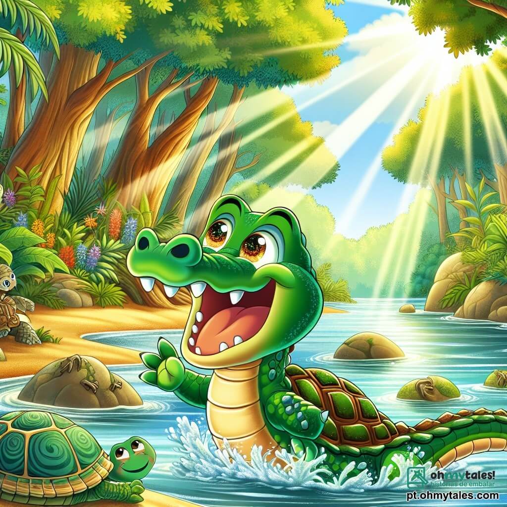 Um jovem crocodilo chamado Cadu, com pele verde brilhante e olhos curiosos, nada alegremente em um rio de águas cintilantes, suas escamas refletindo a luz do sol. Ele exibe um largo sorriso, transbordando de emoção e aventura. Perto dele, uma velha tartaruga sábia, com uma carapaça adornada por padrões naturais e olhos suaves, observa Cadu com um olhar benevolente, sentada em uma pedra à beira do rio. O cenário é uma floresta exuberante, com árvores majestosas de folhas verdes vibrantes, flores coloridas espalhadas nas margens e raios de sol filtrando através da folhagem, criando uma atmosfera mágica. A cena mostra Cadu mergulhando na água, pronto para explorar os mistérios do rio, enquanto a tartaruga sorri, pronta para compartilhar sua sabedoria.