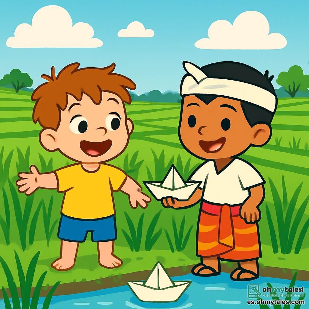 Un niño de 4 años, con cabello castaño desordenado y ojos llenos de curiosidad, está en medio de un campo de arrozales verdes. Lleva una camiseta amarilla brillante y un pantalón corto azul, y su rostro expresa gran alegría y asombro. Junto a él hay un niño balinés de 5 años, con cabello negro liso, que lleva un sarong colorido. Sonríe calurosamente y le muestra a Tomás un pequeño barco de papel que ha hecho. Al fondo, se extienden vastos arrozales con plantas de arroz de un verde brillante y un cielo azul salpicado de nubes blancas. La escena principal muestra a Tomás y Ketut riendo juntos, listos para hacer flotar sus barcos de papel en el agua brillante de los arrozales, rodeados de la belleza natural de Bali.