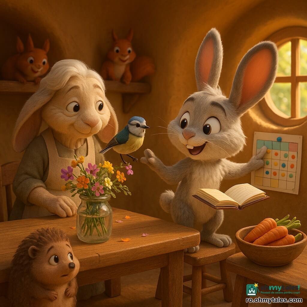 Un tânăr iepuraș cu blană gri-bej și urechi roz, curios și zâmbitor, stând pe un scaun mic, arătând cu degetul un calendar colorat pe perete; o bunică iepure crem, cu privire blândă și șorț, ține un borcan cu flori lângă el; un pițigoi albastru-gri pe marginea borcanului, un arici mic și timid la picioarele mesei privind caietul, doi veverițe roșcate pe o policioară privind scena; sala de mese săpată în pământ, masă robustă din alun, fereastră rotundă cu rază de soare, borcane pe rafturi, atmosferă caldă de primăvară cu flori proaspete și bucurie familială.