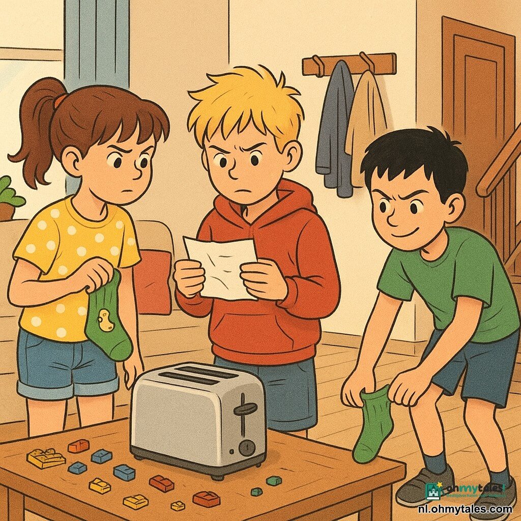 Drie kinderen van ongeveer 10 jaar: links een meisje met bruin paardenstaartje, geel t-shirt met witte stippen en korte jeans dat een groene sok met een eendje vasthoudt en vastberaden kijkt; in het midden een jongen met blonde, warrige haren, rood hoodiesweat en blauwe short die een verkreukeld briefje leest voor een oude zilverkleurige broodrooster; rechts een jongen met kort zwart haar en groen t-shirt die onderaan de trap aan een andere sok trekt met een speelse houding. Binnenin een warm verlichte familiewoonkamer met licht houten vloer, beige bank en gekleurde kussens, salontafel met verspreide Lego en een kapstok bij de deur. De drie onderzoeken samen een verdwenen sok: de broodrooster heeft net een klein briefje uitgespuugd en ze staan in een driehoek rond het woord, nieuwsgierig en opgewonden in een vrolijke, licht chaotische stripachtige scène.