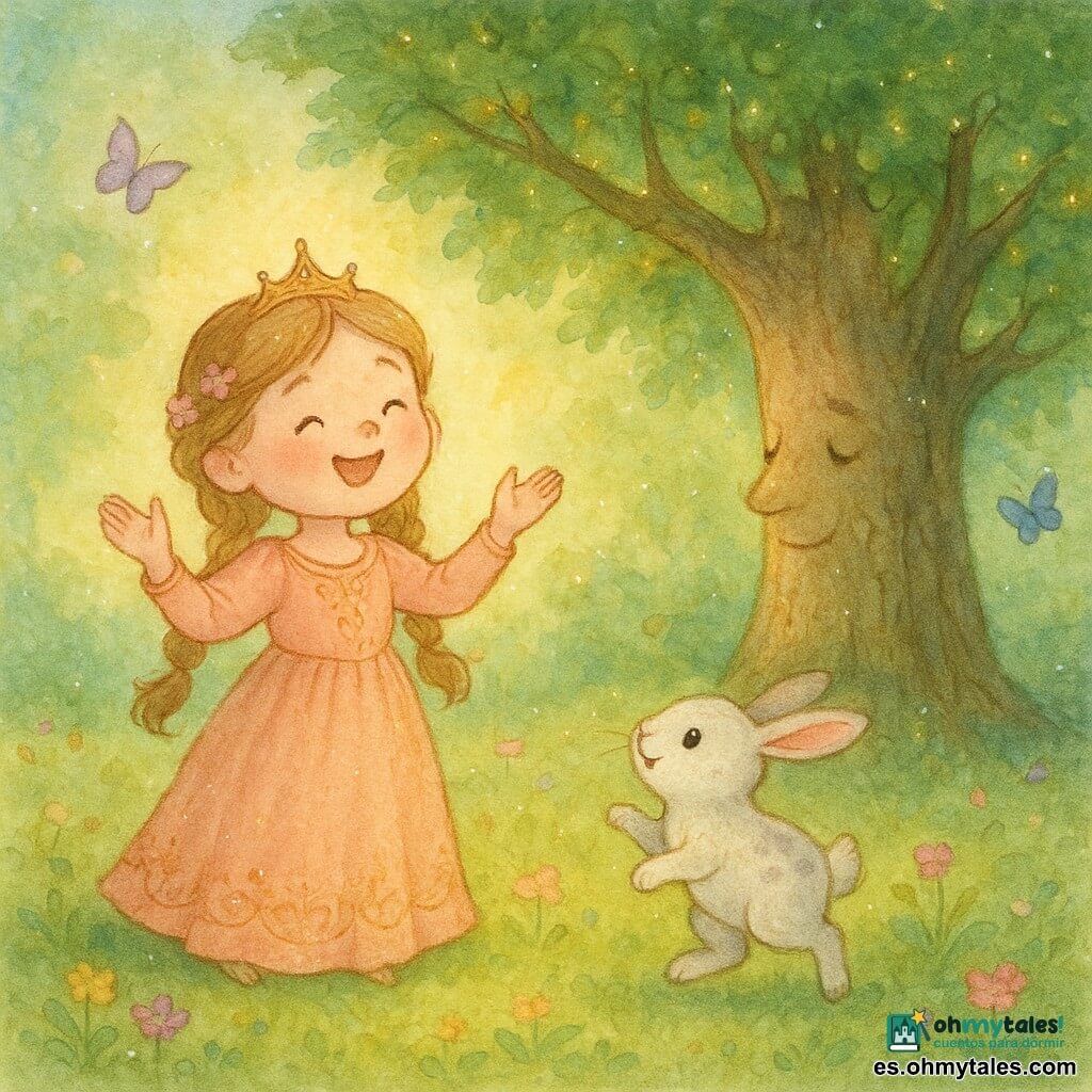 Princesa: niña de rostro redondo y sonrisa radiante, cabello castaño claro en trenzas con pequeñas flores rosadas, vestido largo color melocotón con bordados dorados, canta alegremente frente a un gran árbol; pequeño conejo blanco moteado de gris con ojos negros brillantes salta junto a sus pies, lleno de esperanza; árbol gigante de tronco ancho y agrietado con ramas cubiertas de hojas verde esmeralda y pequeñas luces doradas inclina su copa hacia la princesa; claro del bosque encantado con musgo y flores, rayos de sol dorados, mariposas violetas y azules, ambiente tierno y tranquilo en tonos pastel con texturas tipo acuarela y luces brillantes.