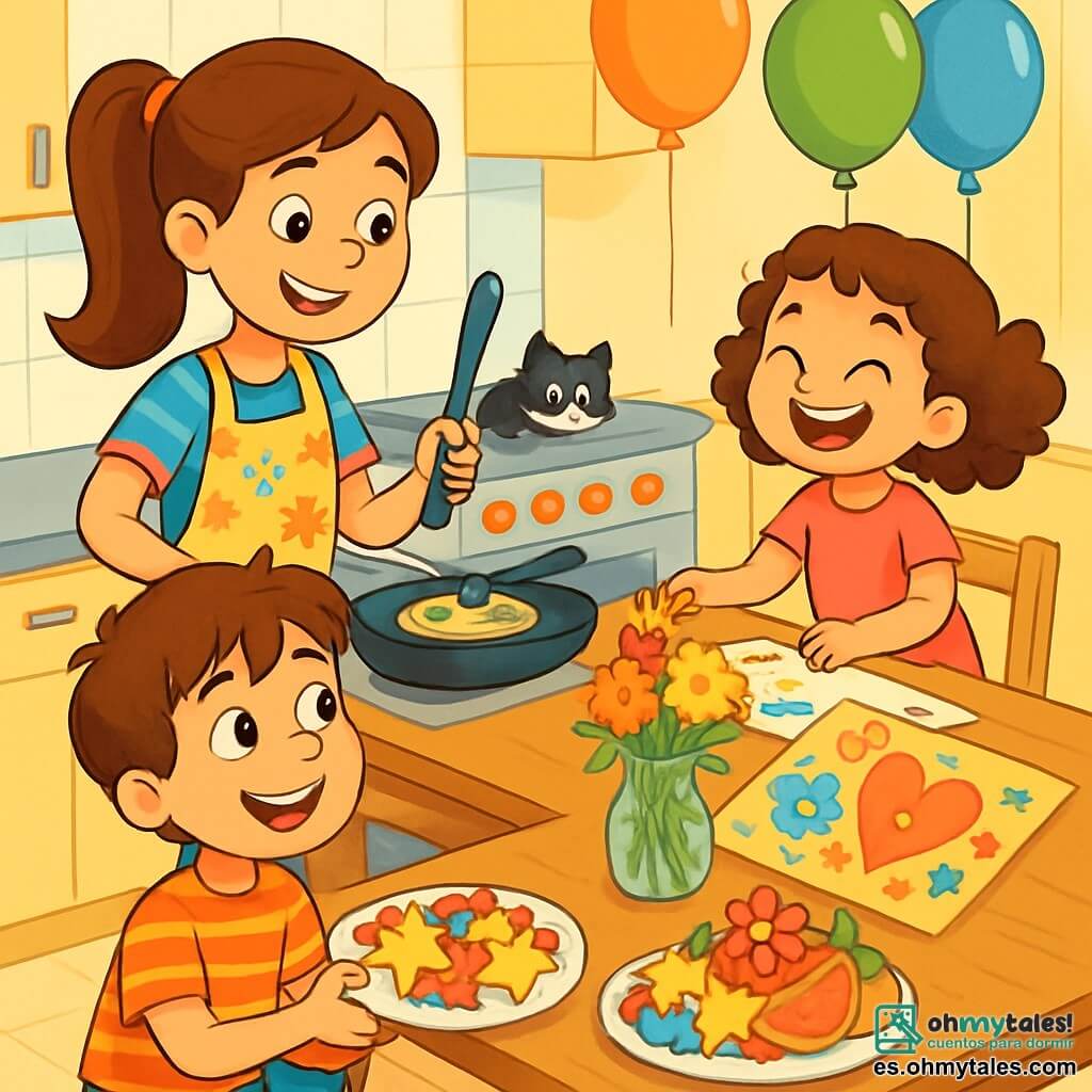 Hay 3 personajes: - Paula: una niña de 10 años, con cabello largo castaño atado en una coleta, que lleva una camiseta colorida y un delantal de flores. Está de pie junto a la estufa, sosteniendo una espátula y sonriendo con orgullo. - Nico: un niño de 8 años, con cabello castaño despeinado, que lleva una camiseta a rayas y un short. Está agachado cerca de la mesa, sosteniendo un plato de frutas, con una expresión divertida mientras mira a su hermana. - Lucía: una niña de 5 años, con cabello rizado y una gran sonrisa, que lleva un vestido rosa. Está de pie sobre una silla, decorando la mesa con dibujos y pegatinas, riendo alegremente. La escena tiene lugar en una cocina luminosa y acogedora, con paredes pintadas de amarillo pastel. Una gran mesa de madera está llena de platos coloridos: tortitas en forma de ovnis, frutas cortadas en estrellas y un gran cartel hecho a mano. Globos de colores flotan en el techo y flores frescas están dispuestas en un jarrón en el centro de la mesa. La situación principal muestra a los tres niños preparando un desayuno especial para su papá, con expresiones alegres y gestos entusiastas. Ríen juntos, creando una atmósfera de complicidad y amor, mientras el gato, Don Bigotes, se acerca curiosamente a las tortitas.