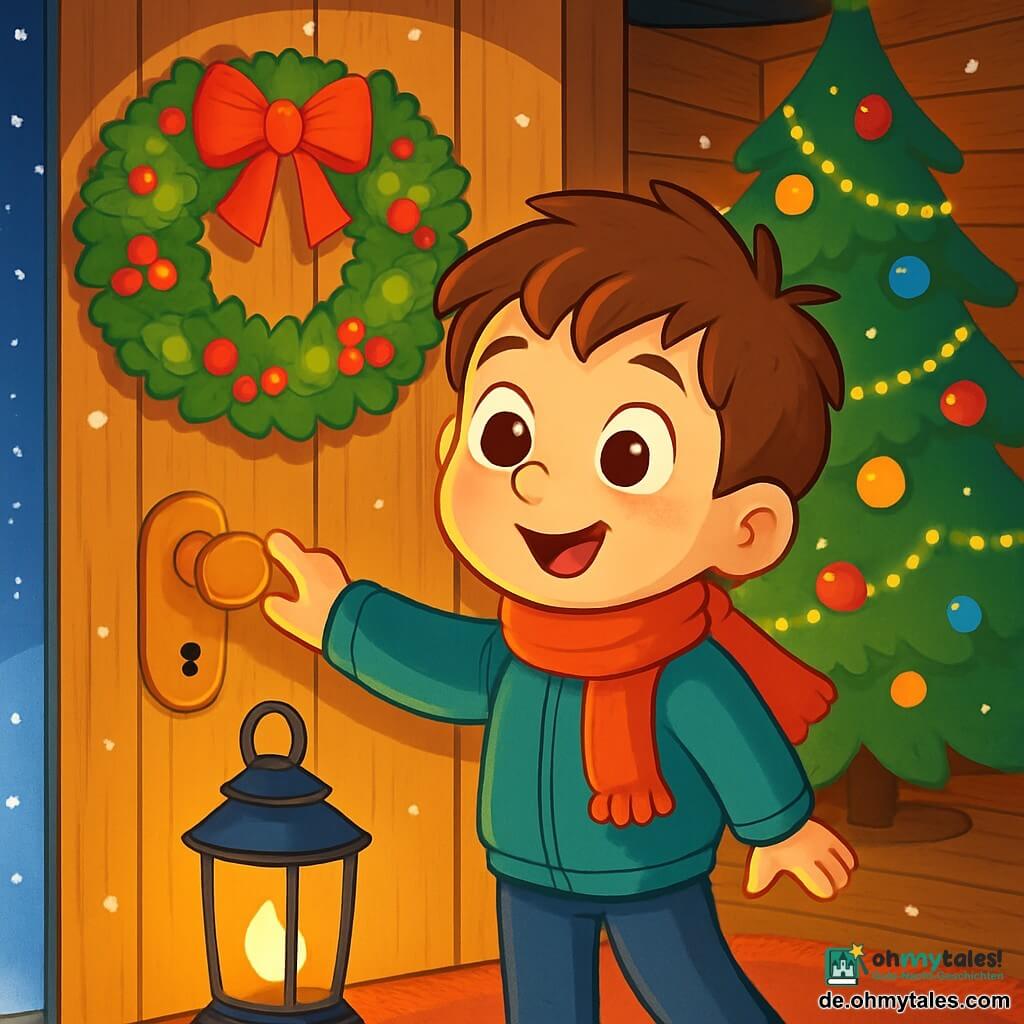 Ein 6-jähriger Junge namens Emil, mit zerzausten kastanienbraunen Haaren und großen, neugierigen Augen, steht vor einer Holztür, die mit einem wunderschönen Weihnachtskranz geschmückt ist. Er lächelt staunend, seine Wangen sind durch die Kälte gerötet, während er eine kleine Hand ausstreckt, um die Tür zu öffnen. Neben ihm strahlt ein sanftes goldenes Licht aus einer Laterne, das sein fröhliches Gesicht erleuchtet. Hinter Emil steht ein großer Weihnachtsbaum, der majestätisch im Raum steht und mit glitzernden Girlanden und bunten Kugeln geschmückt ist. Der Raum ist warm und einladend, mit Holzwänden und einem weichen Teppich. Die Hauptsituation zeigt Emil, der ungeduldig und erstaunt ist, bereit, die Tür zu öffnen, um die Magie der Weihnachtsnacht zu entdecken, während draußen sanft Schneeflocken fallen und eine märchenhafte Landschaft schaffen.