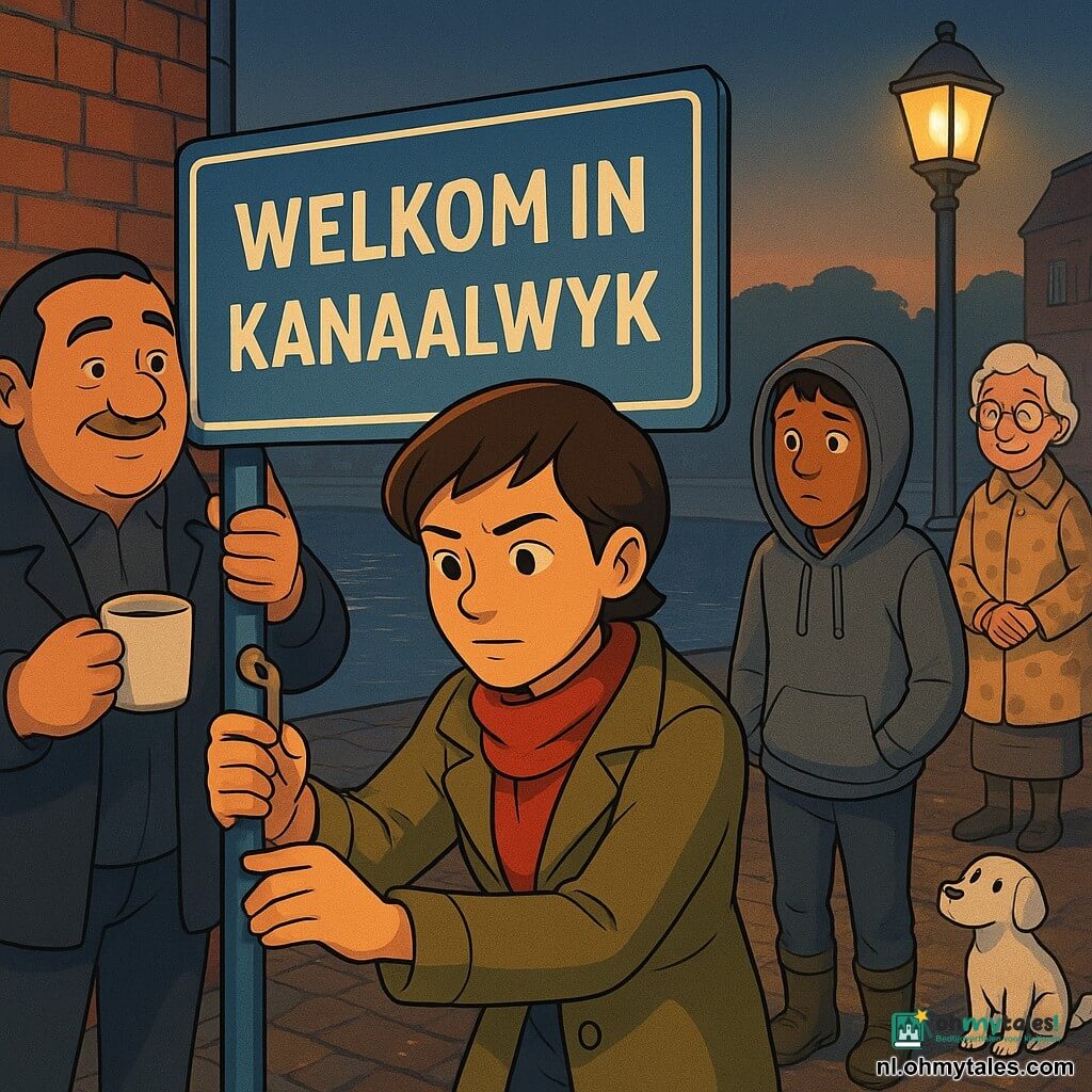 Noor, vrouwelijke detective van ongeveer 30 jaar met kort bruin haar, kaki mantel en rode sjaal, concentreerde en sereen, draait de laatste schroef van het bord "WELKOM IN KANAALWYK" met een kleine sleutel; agent Vermeer, stevig man van circa 50 jaar in donkere jas met een kop koffie, houdt het bord links van Noor recht en kijkt opgelucht; Daan, schuchtere tiener van ~16 met grijze capuchon en modderige schoenen, kijkt van rechts toe met handen in de zakken en schuldbewust gezicht; mevrouw Koster, klein oud dametje van ~70 in een gestippelde jas met haar witte terriër aan haar voeten, kijkt trots vanaf de achtergrond; locatie: natte stadsrotonde aan een kanaal met natte rode bakstenen, platgelopen gras en sporen van kleine wielen, metalen lantaarns en zilveren reflecties in het water; sfeer: kalm, heroïsch schemerlicht tijdens een rustige reparatie na een diefstal, zachte straatlampen creëren lange schaduwen en glanzende vlakken op verse verf; stijl: gestileerde 3D cartoon met cel-shading, scherpe texturen, zuivere lijnen en duidelijke expressies.